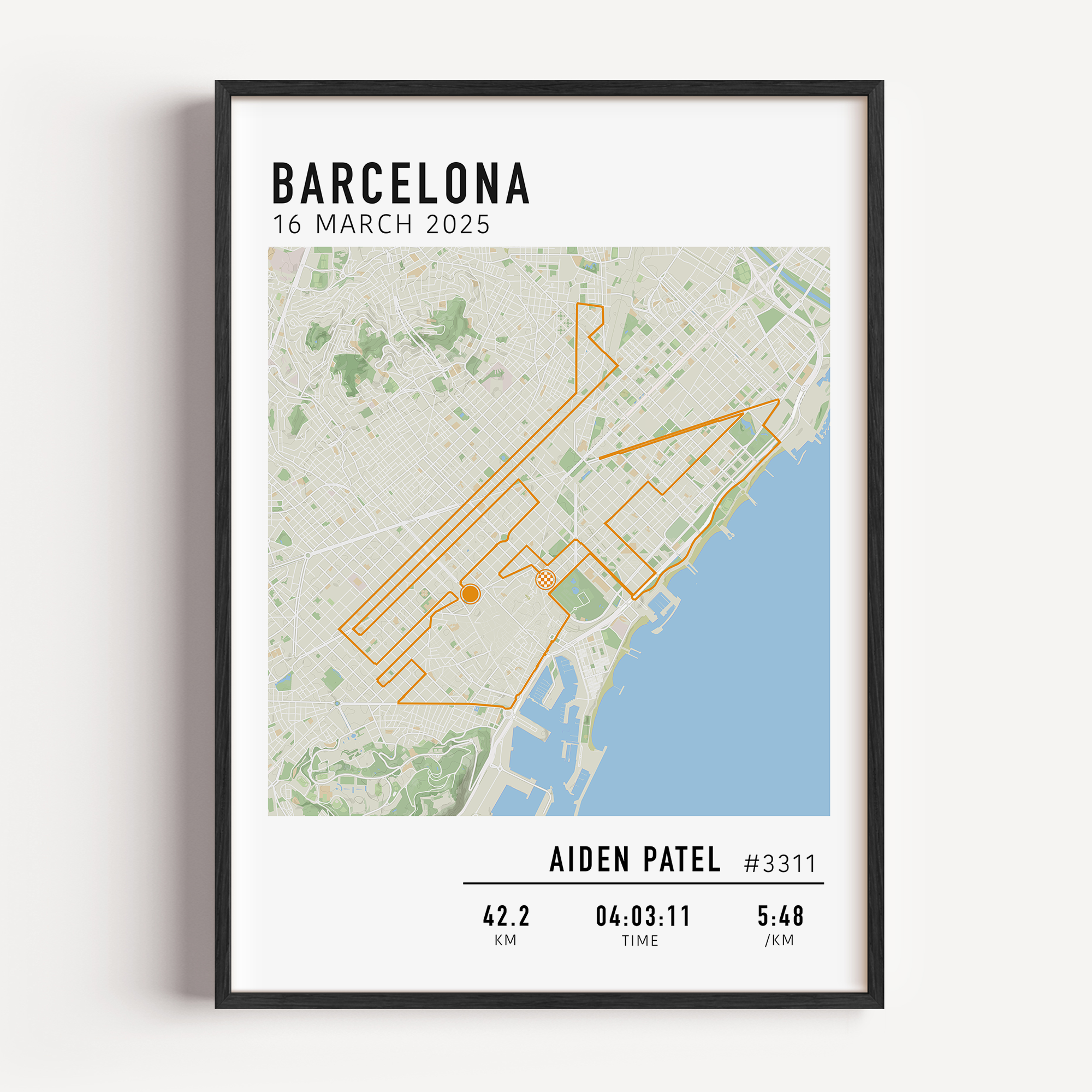 Barcelona Marathon Print Gift for Runners Post Race Gift, framed Marató Barcelona route print with custom statistics and time. Showcase the marathon map poster
