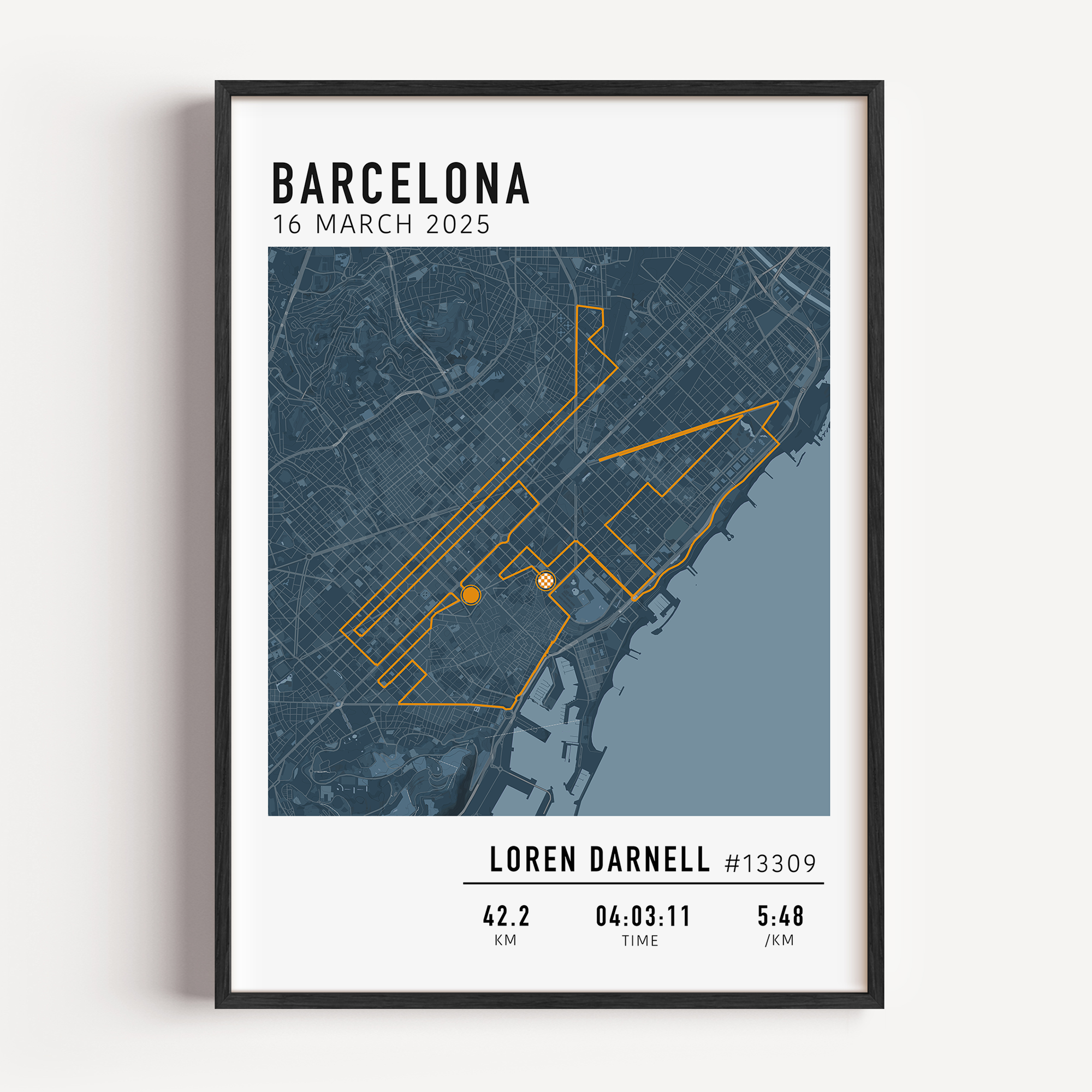 Barcelona Marathon Print Gift for Runners Post Race Gift, framed Marató Barcelona route print with custom statistics and time. Showcase the marathon map poster