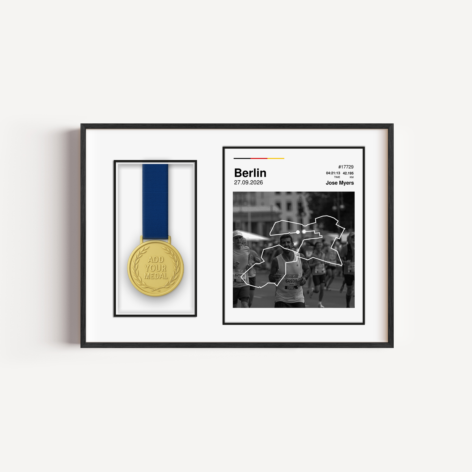 Custom Berlin Marathon medal display frame featuring a personalized runner photo, white route map, race stats, German flag colors, and a dedicated mount to hang the finisher medal.