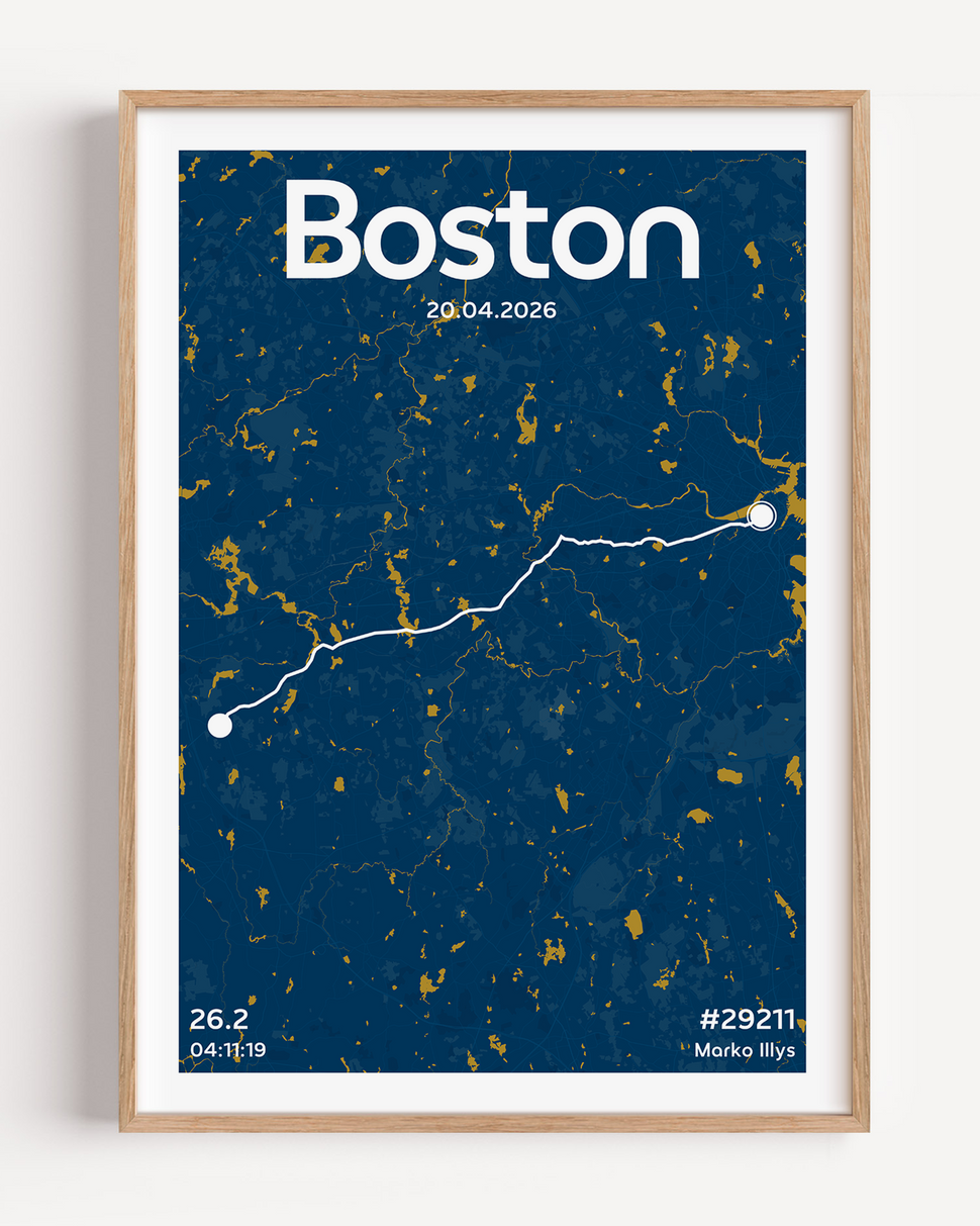 A custom Boston Marathon map poster depicting the historic point to point race route. The artwork features 