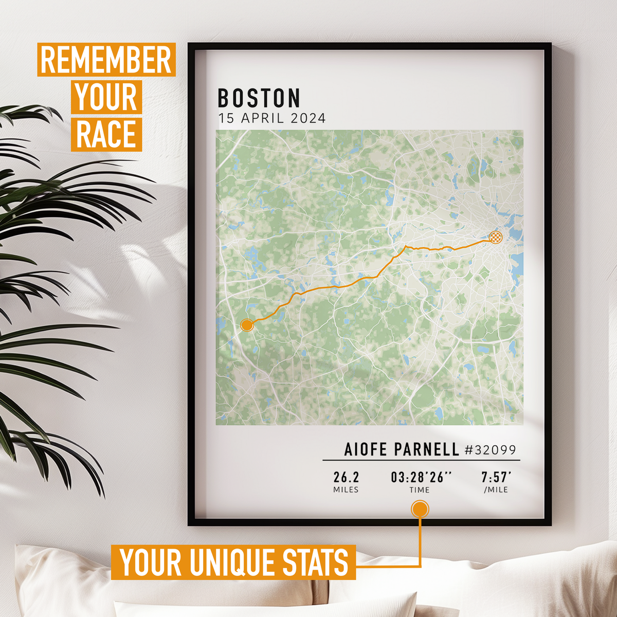 Boston Marathon route custom map print with custom stats and runner gift name