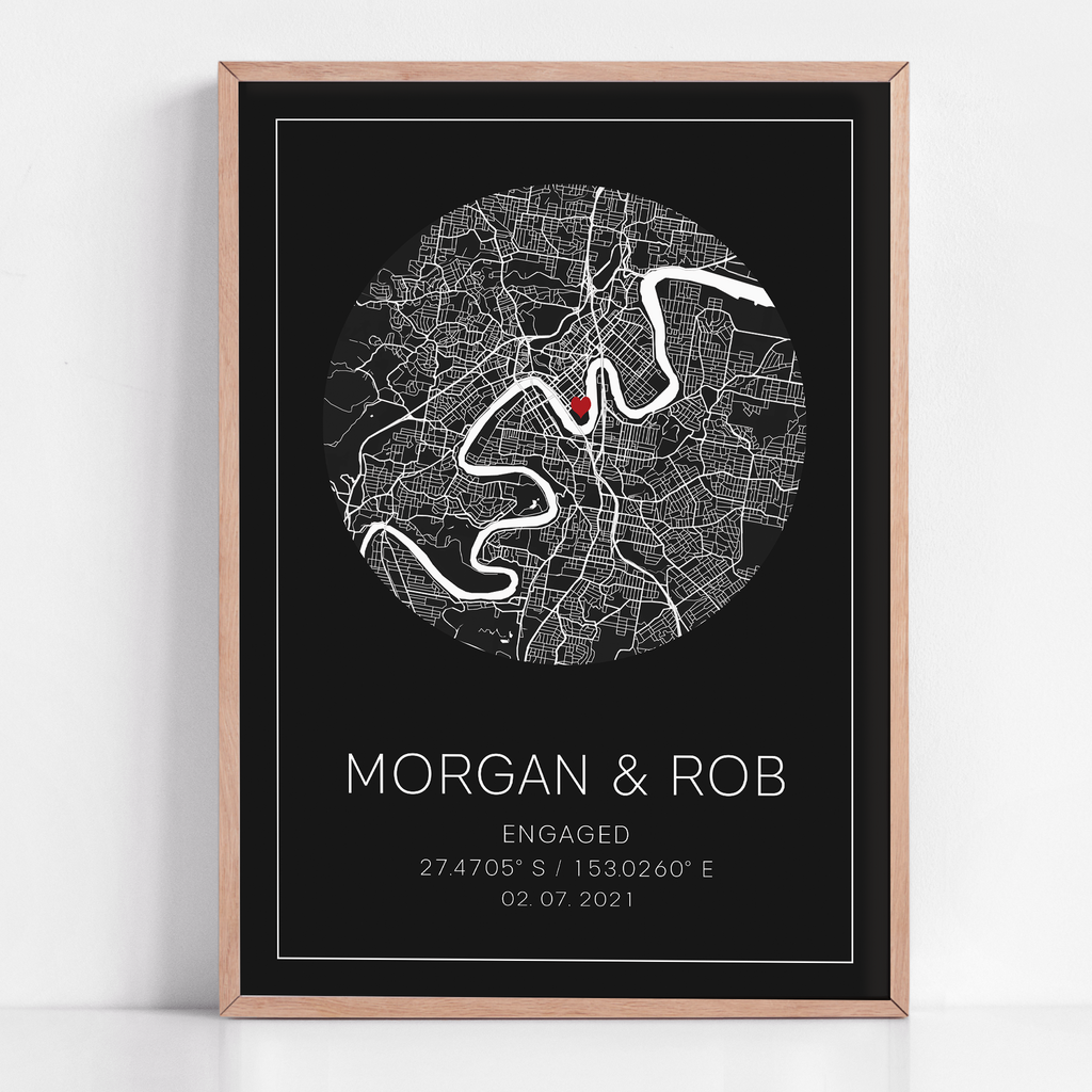 framed engagement gift for newly engaged couple map location print with engagement coordinates