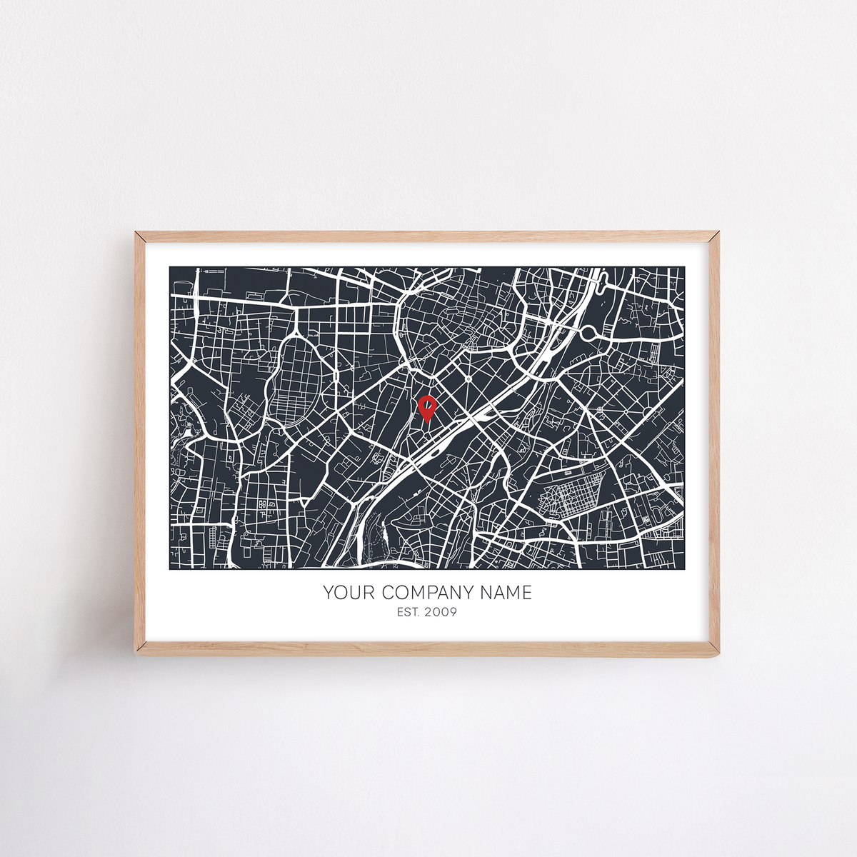 Custom framed artwork celebrating a company’s location anniversary: featuring personalized design elements to mark the milestone and honor the business’s journey.