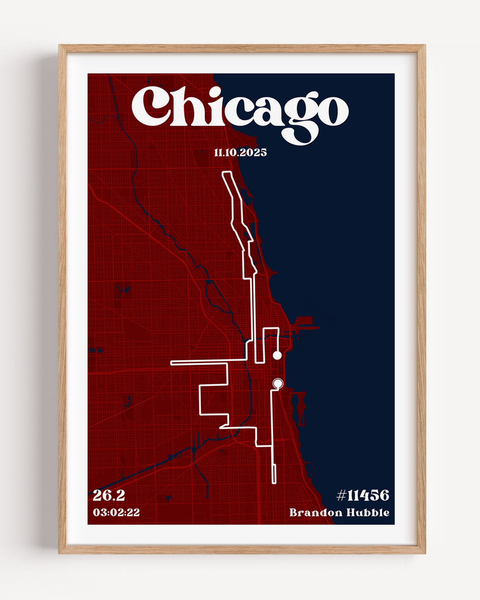A custom marathon map poster featuring the Chicago city street grid and race route. The design includes 