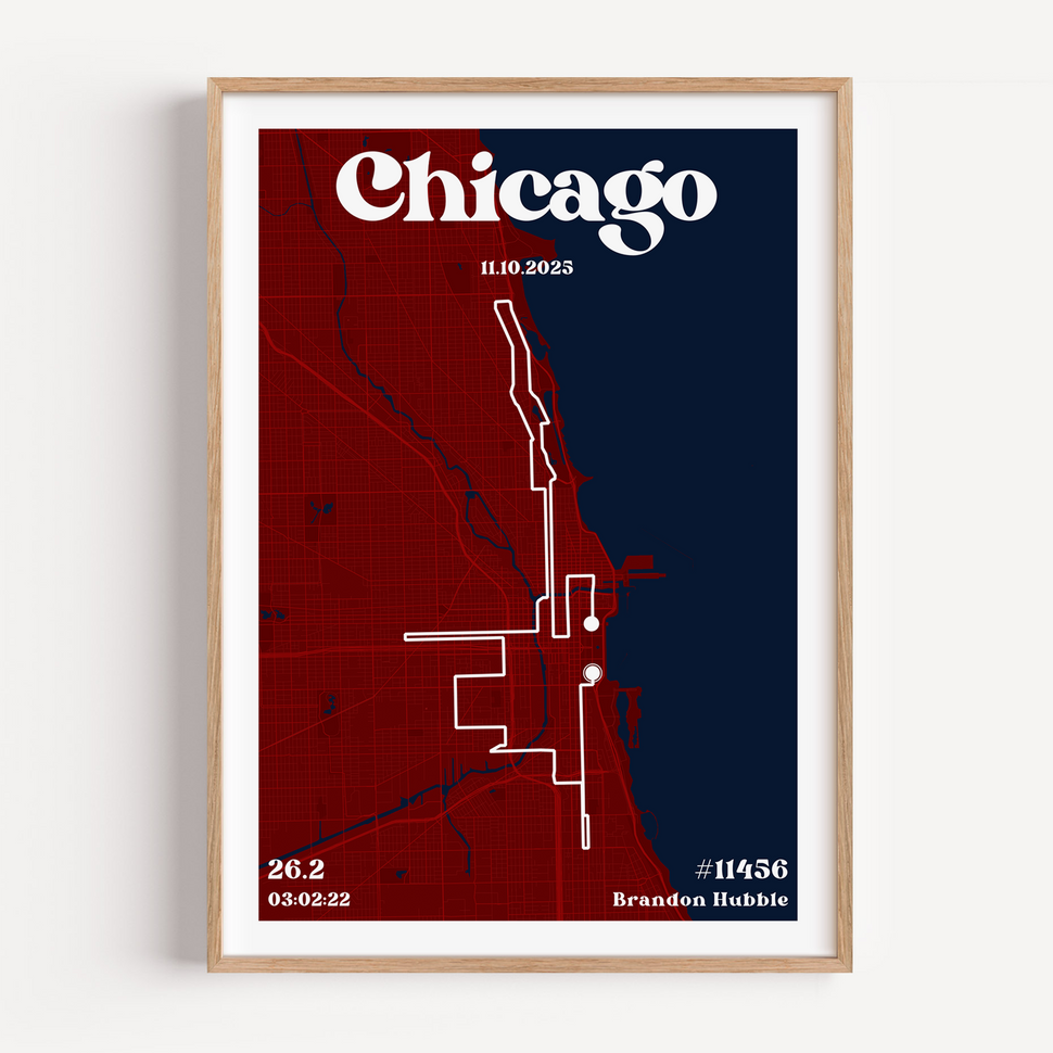 A custom marathon map poster featuring the Chicago city street grid and race route. The design includes 