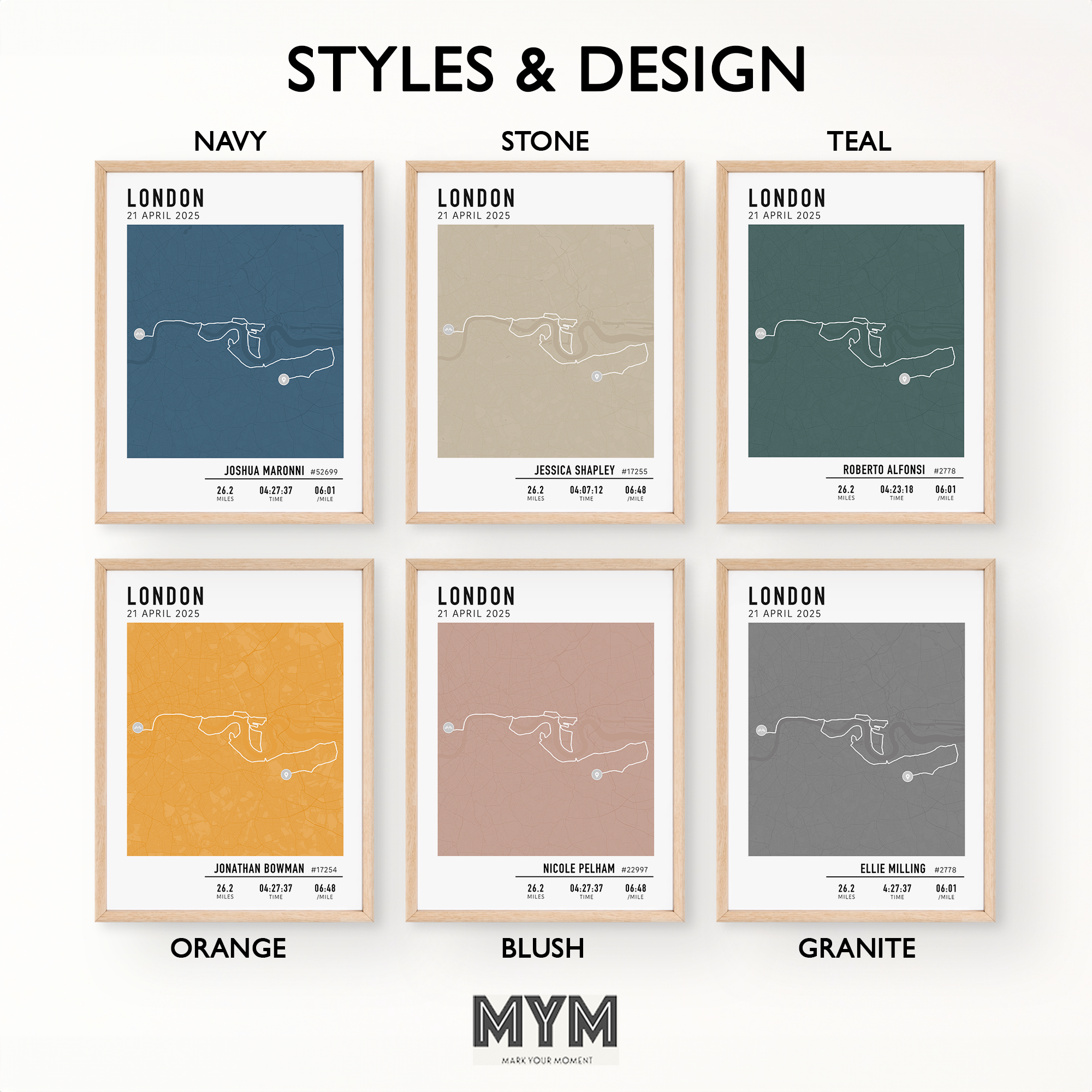 Collection of framed prints with different color options on a white background, featuring the brand 'MYM'.