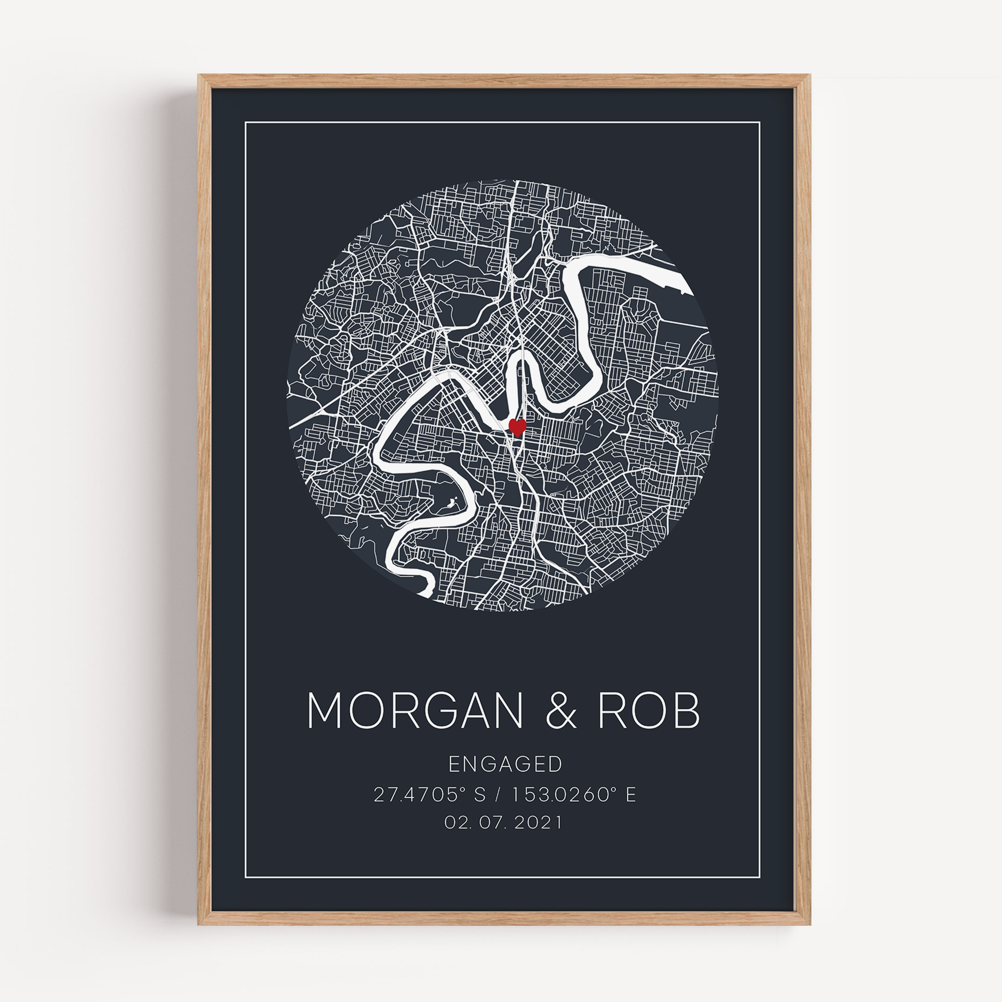 framed engagement gift for newly engaged couple map location print with engagement coordinates