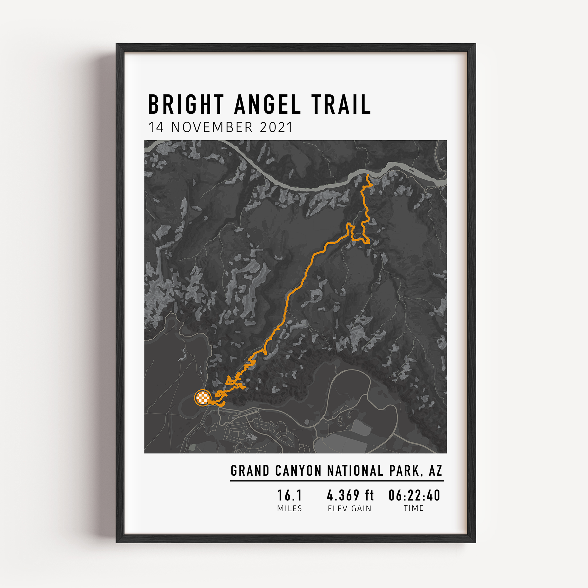 Custom hiking route print showing a personalized trail map with elevation profile and hike stats – perfect gift for hikers.