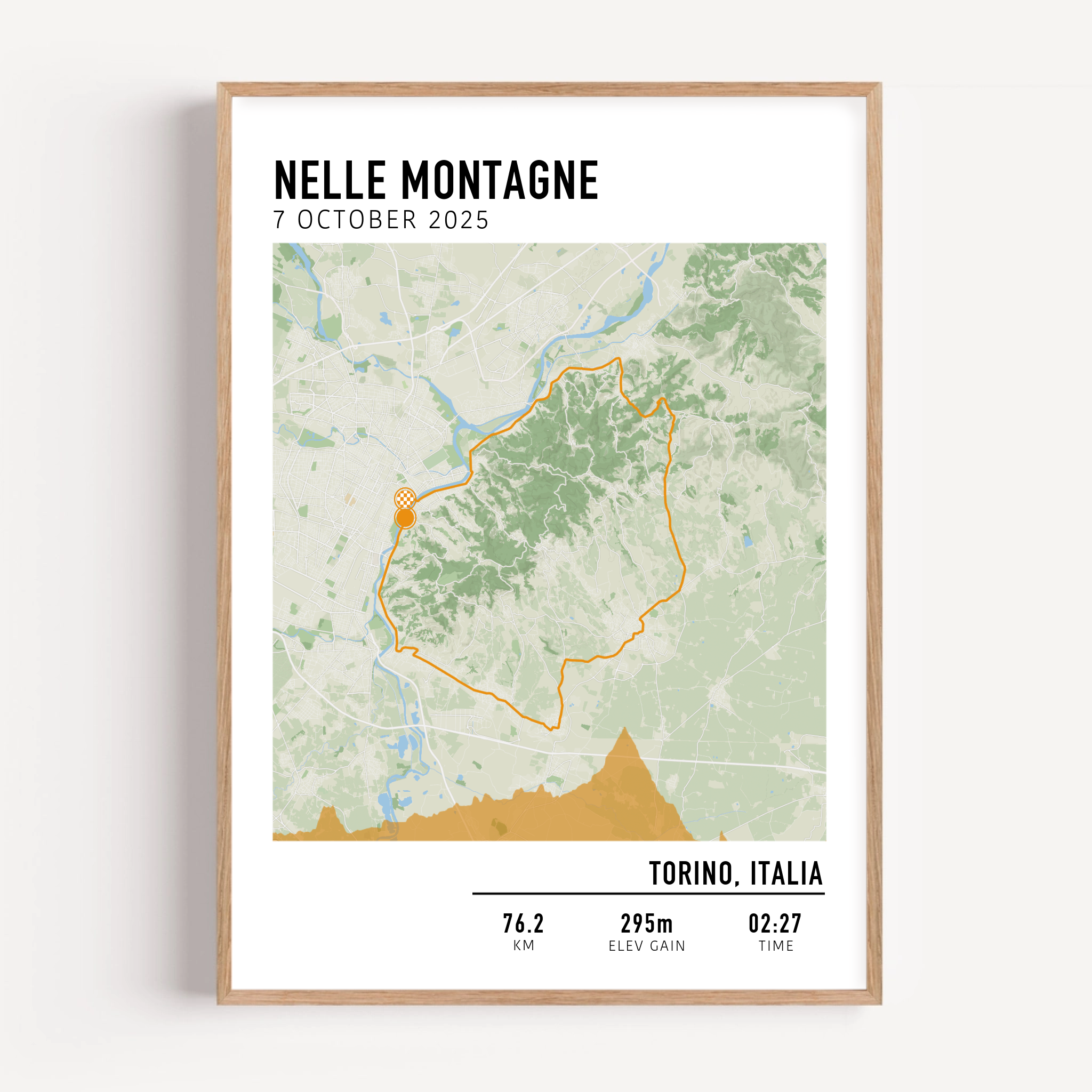 Map poster of any cycling route with elevation framed with stats and location