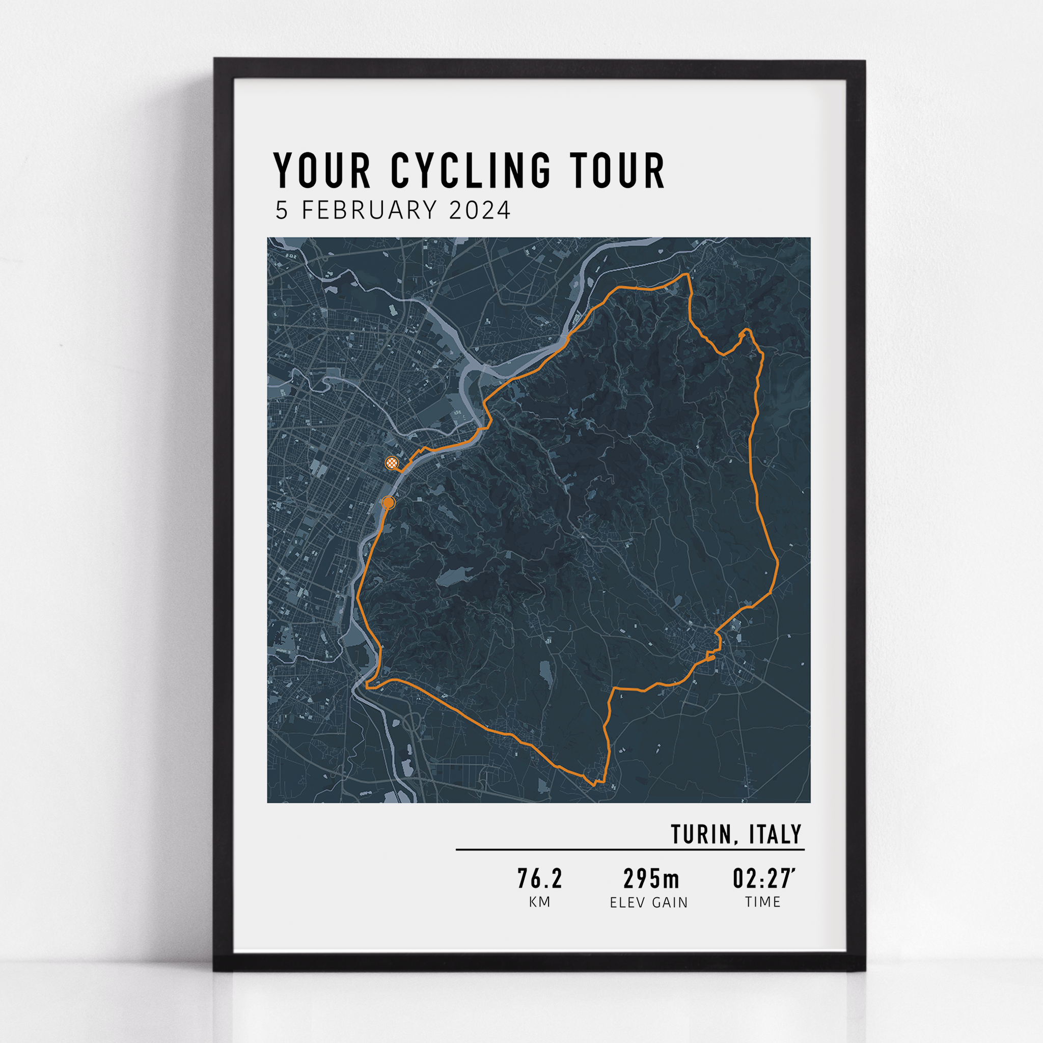 Custom cycling route print featuring a minimalist line map of a bike ride, personalized with route data uploaded by the rider, including distance, date, and location.