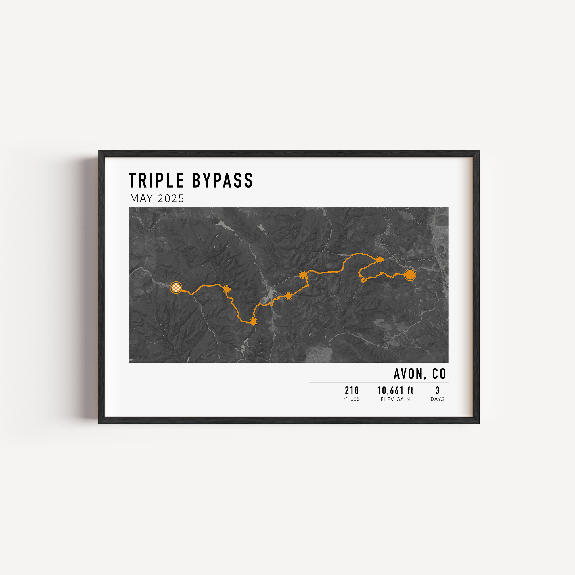 Multi-day bike ride wall art with custom route, elevation, and stats