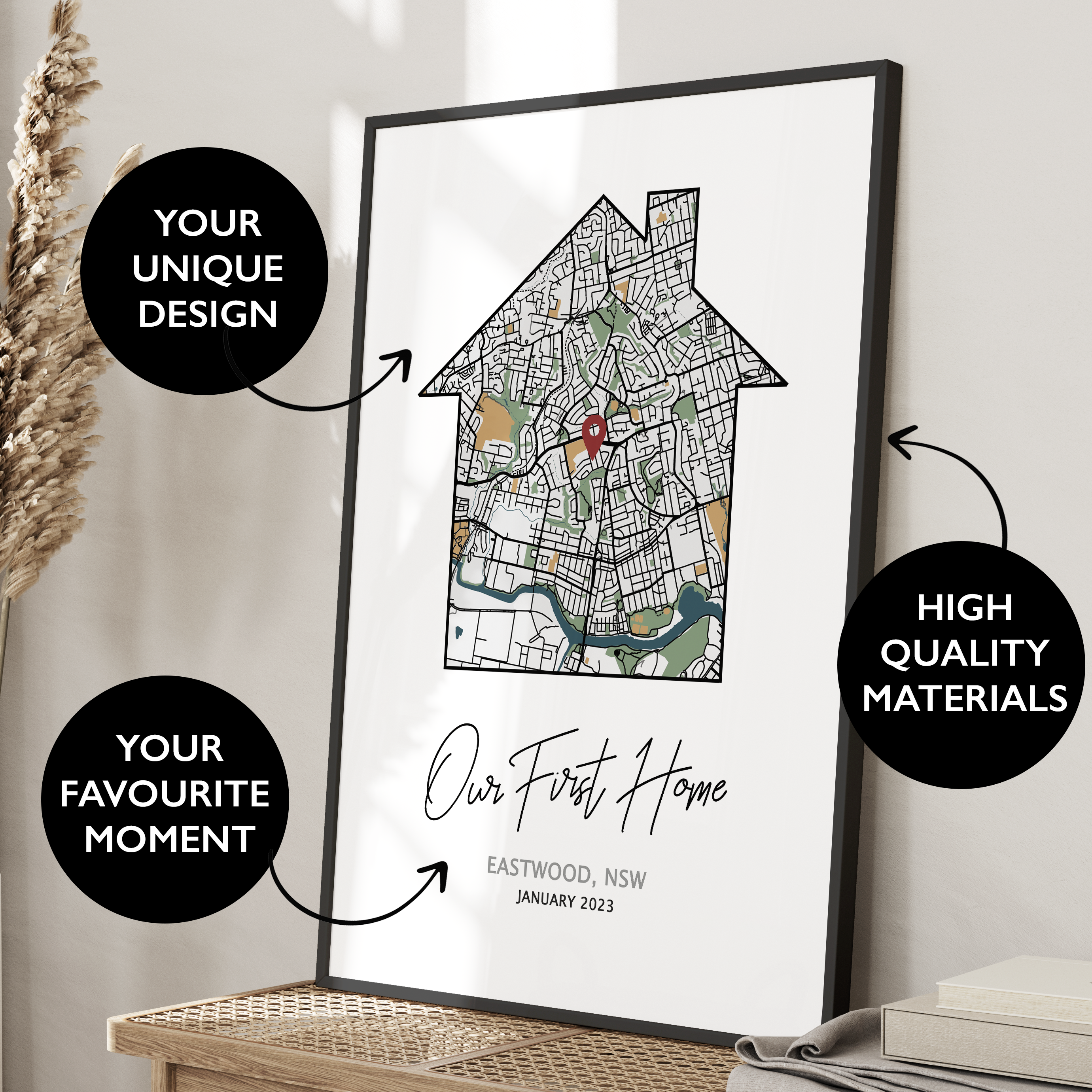 Our First Home, New Home Gift for Couple, House Shaped Map Poster,  Housewarming Gift, Custom Realtor Gift Home Sweet Home 