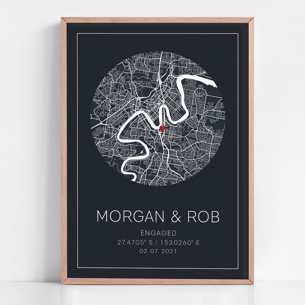 framed engagement gift for newly engaged couple map location print with engagement coordinates