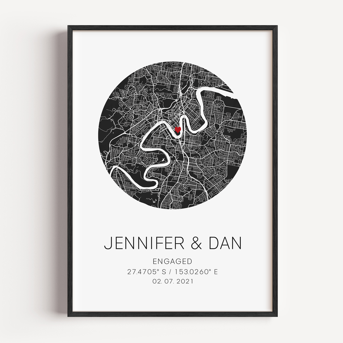 framed engagement gift for newly engaged couple map location print with engagement coordinates