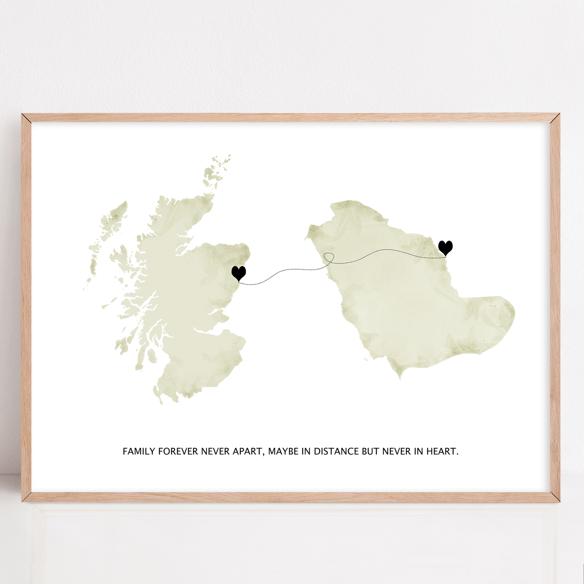 Long Distance Family Gift framed print London to Australia, Long Distance Map Print, Maybe in distance, never in heart quote