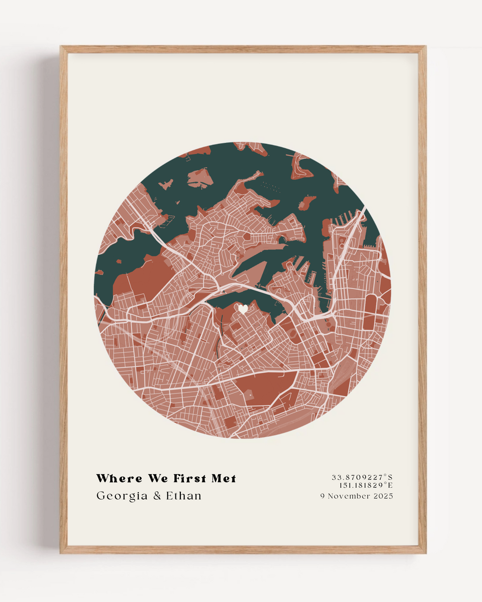 Personalized Where It All Began map print showing custom romantic location in elegant minimalist wall art design