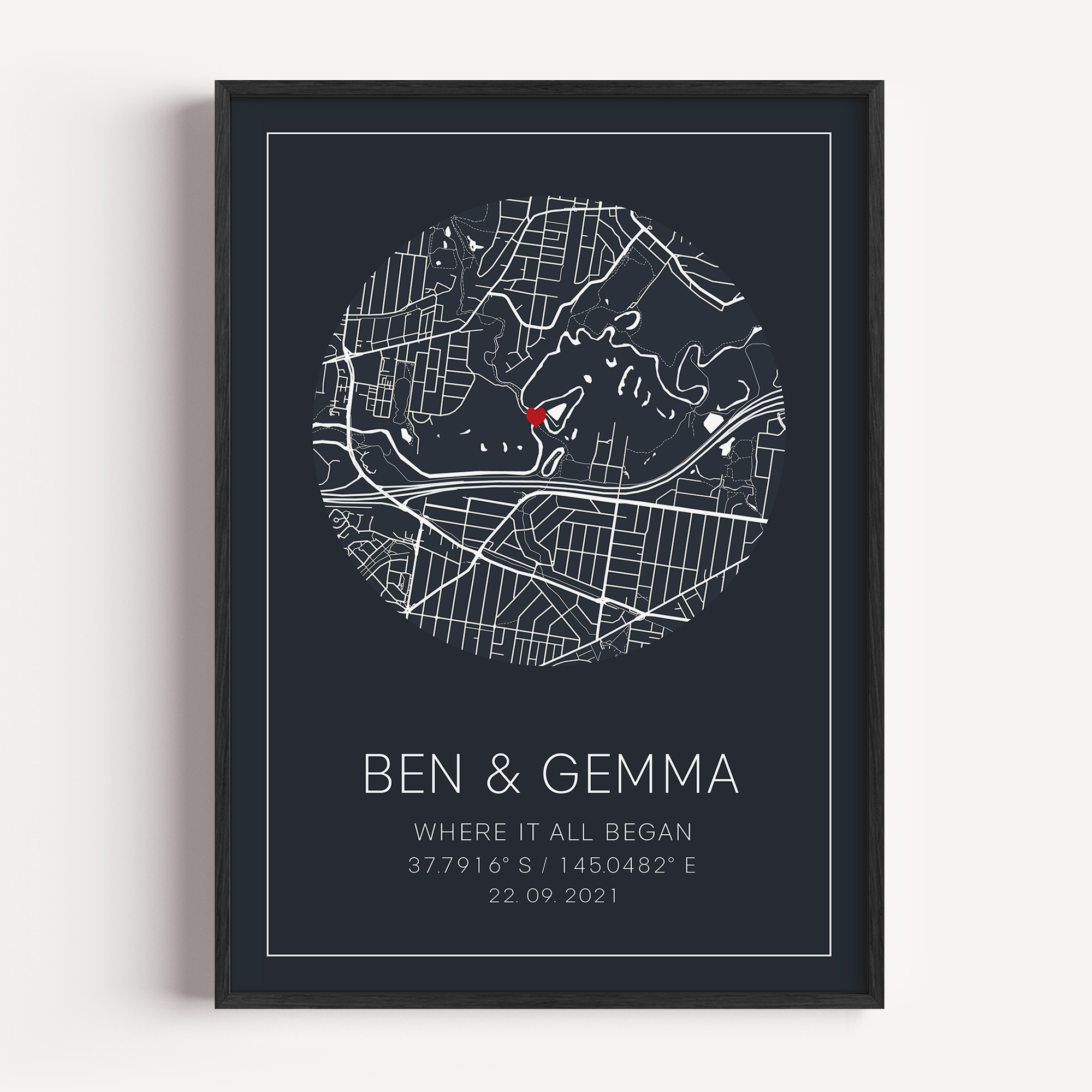 Romantic ‘First Met’ gift print designed with custom couple details like date and location.