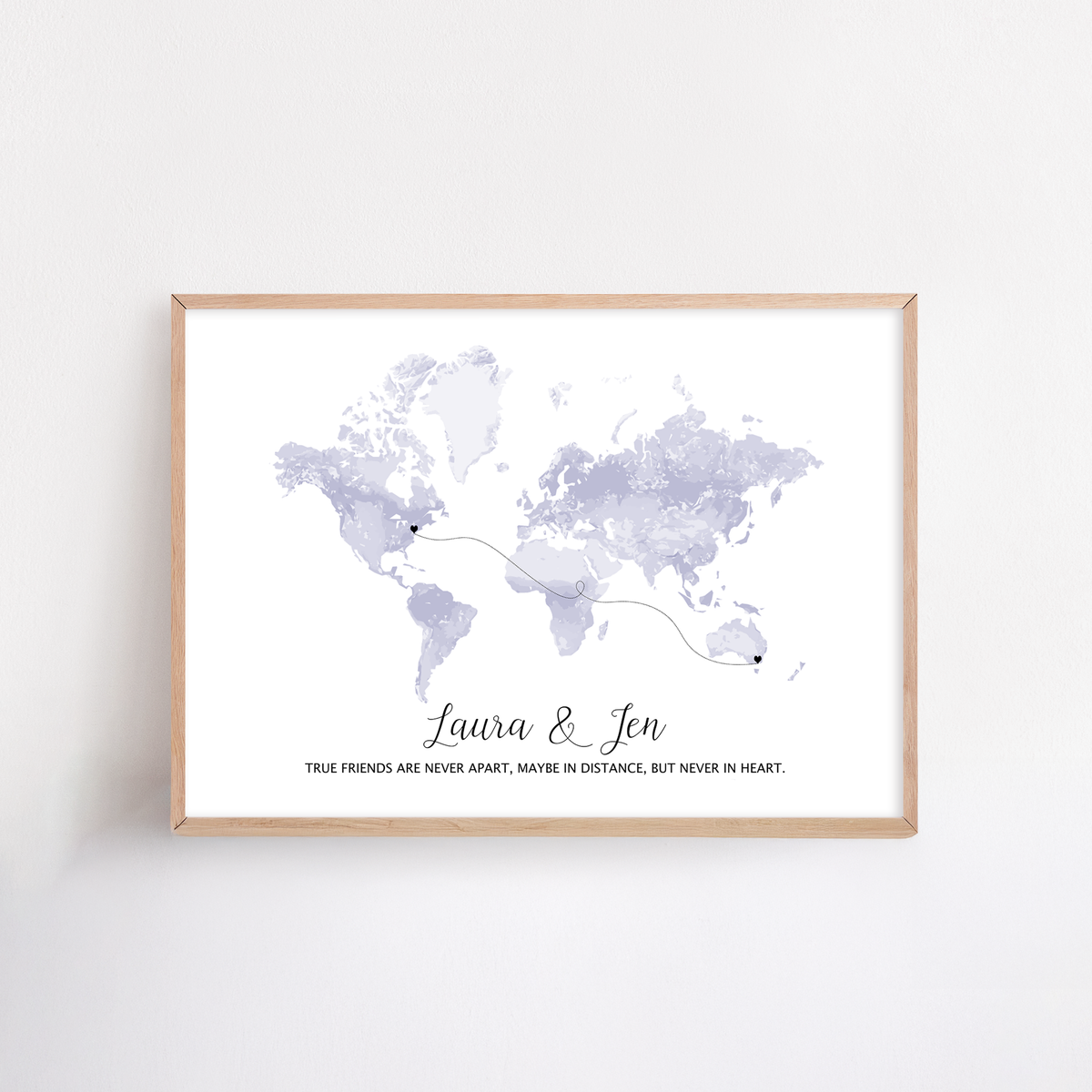 long distance friend gift framed with custom locations and quote "true friends are never apart, maybe in distance, but never in heart." 