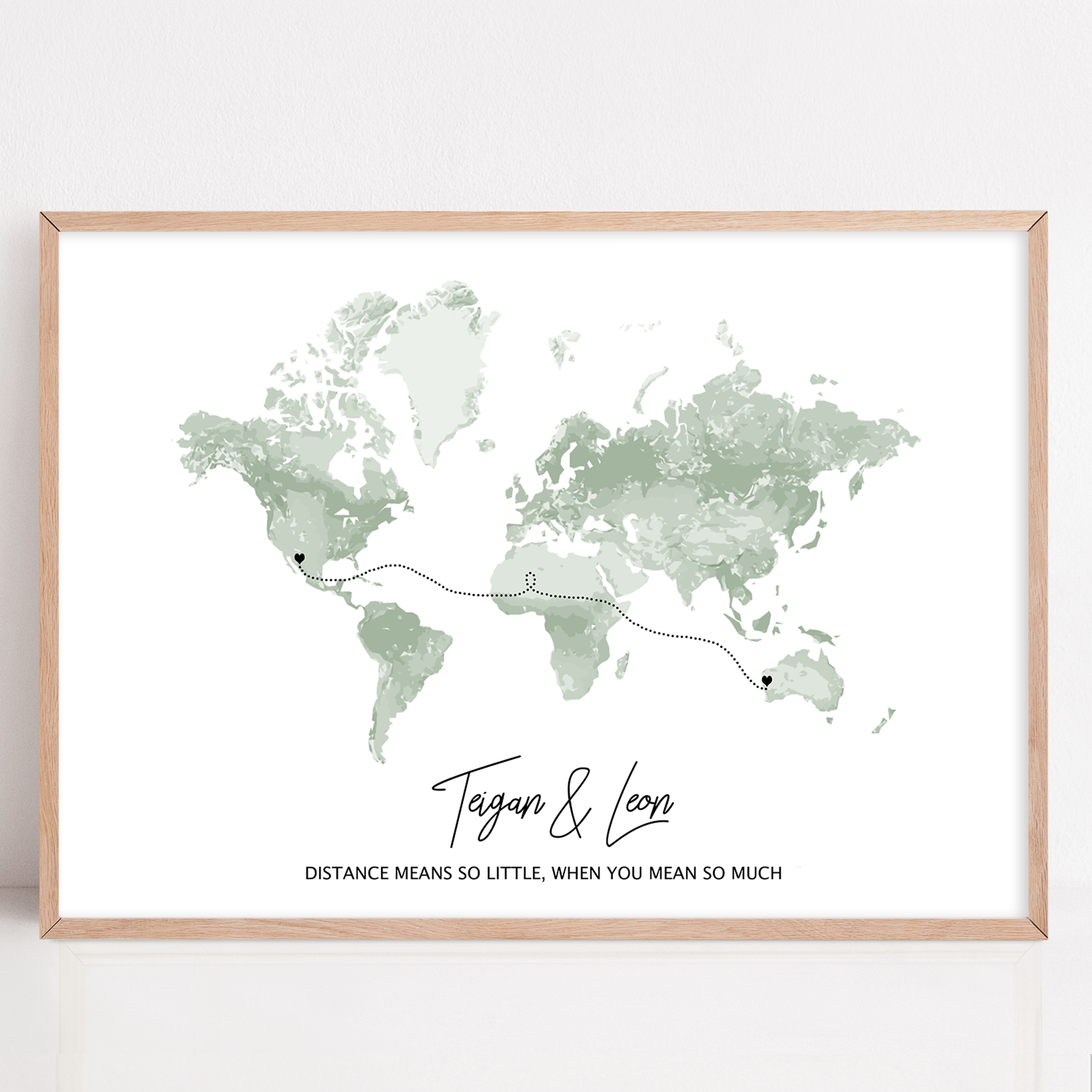 long distance custom gift framed map print with names and two locations for long distance relationship