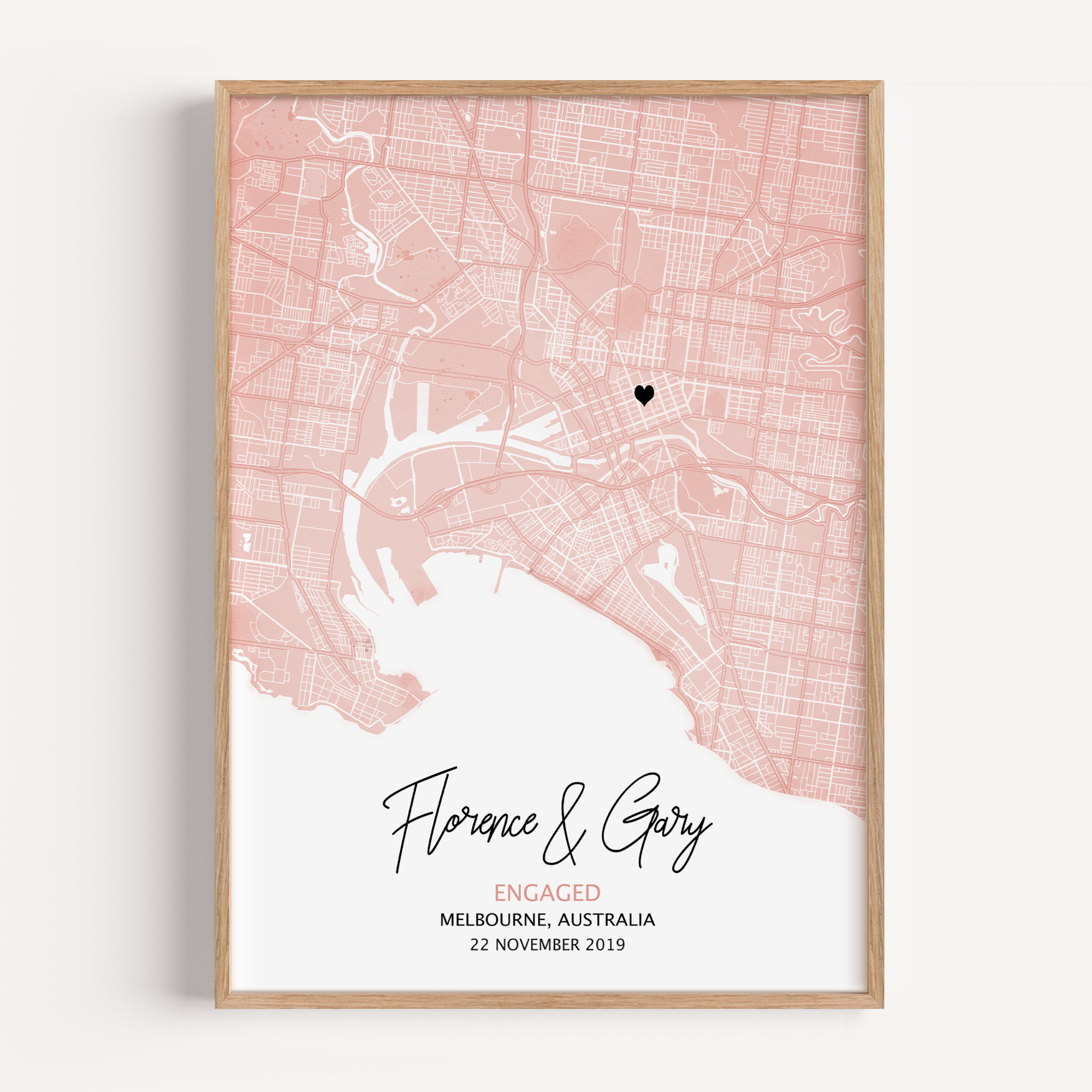 Personalized anniversary map print featuring a custom location with coordinates, names, and date—commemorating a special moment or place in a couple’s love story.