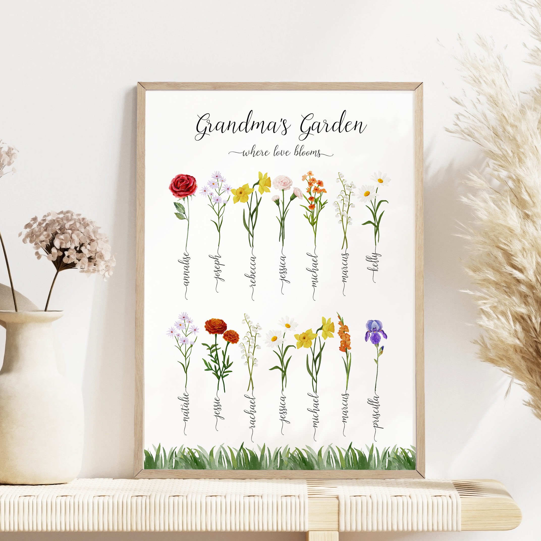A beautiful framed print titled "Grandma's Garden," featuring delicate illustrations of birth month flowers representing each grandchild, creating a heartfelt and personalized gift for Grandma.