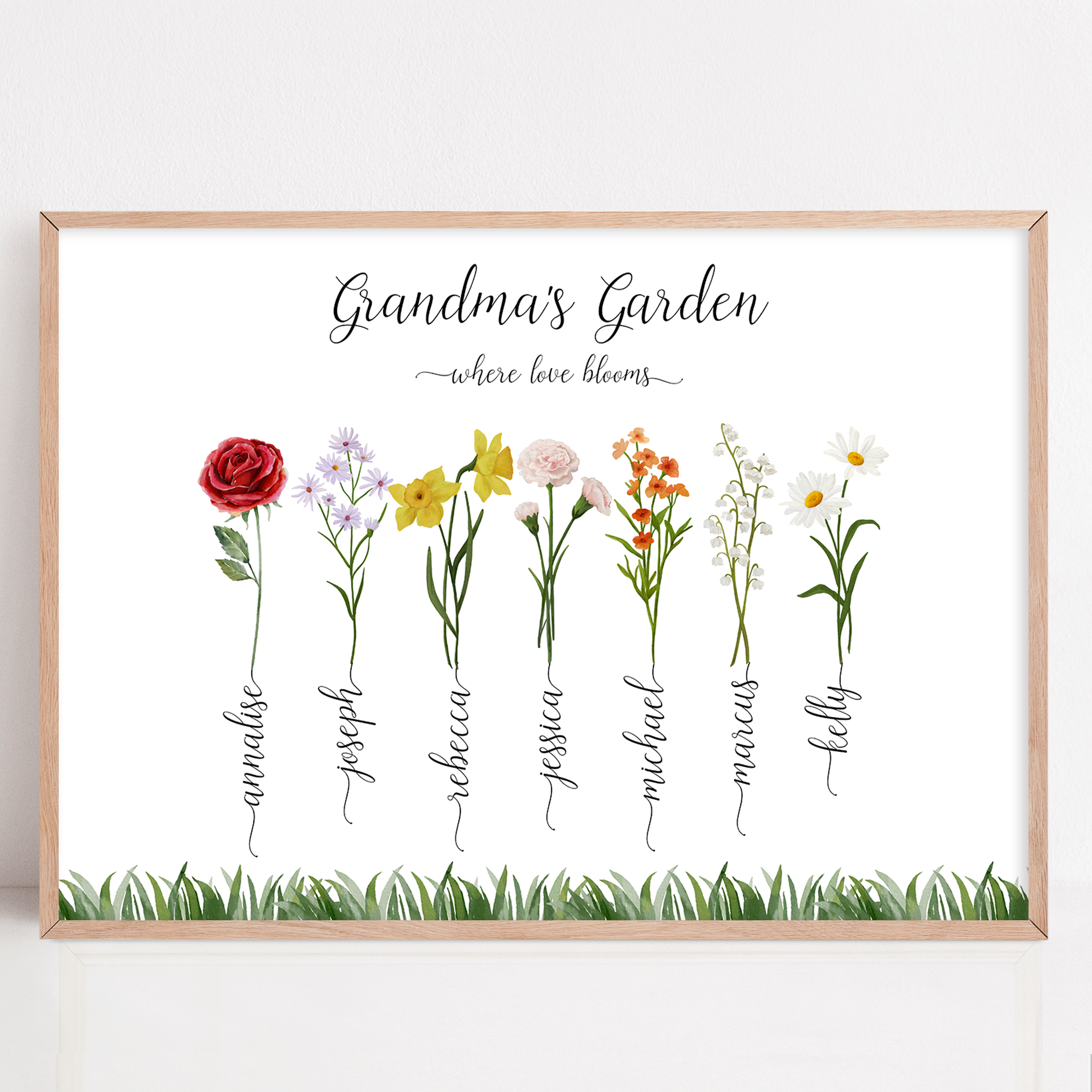 A beautiful framed print titled "Grandma's Garden," featuring delicate illustrations of birth month flowers representing each grandchild, creating a heartfelt and personalized gift for Grandma.