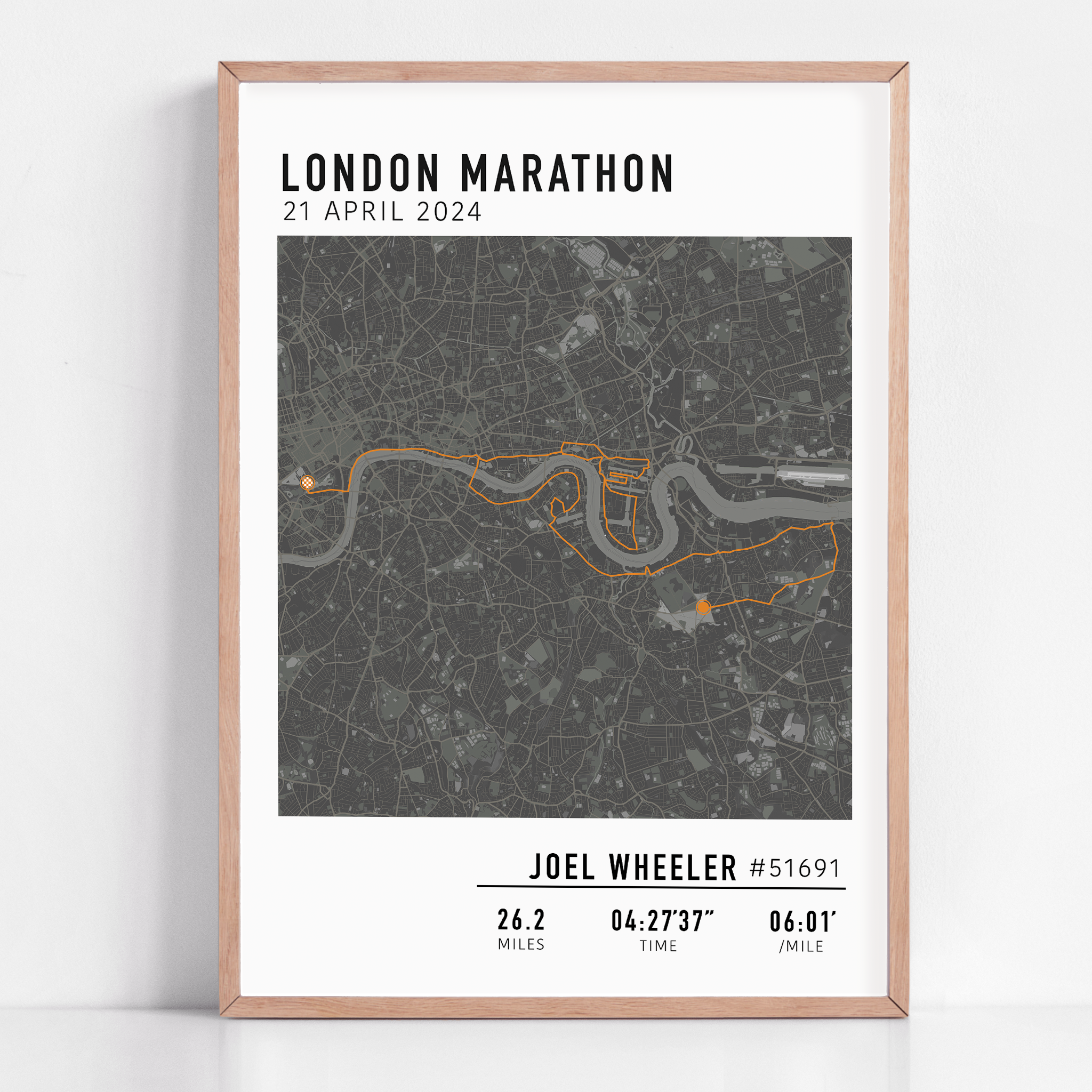 Custom London Marathon map poster displaying the iconic race route, personalized with GPX data. Ideal keepsake or London Marathon route gift for finishers and runners celebrating their achievements.