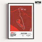 Framed map poster of the Melbourne Half Marathon with red background and black frame. Official Print in Partnership with the Melbourne Marathon, custom with runners statistics 