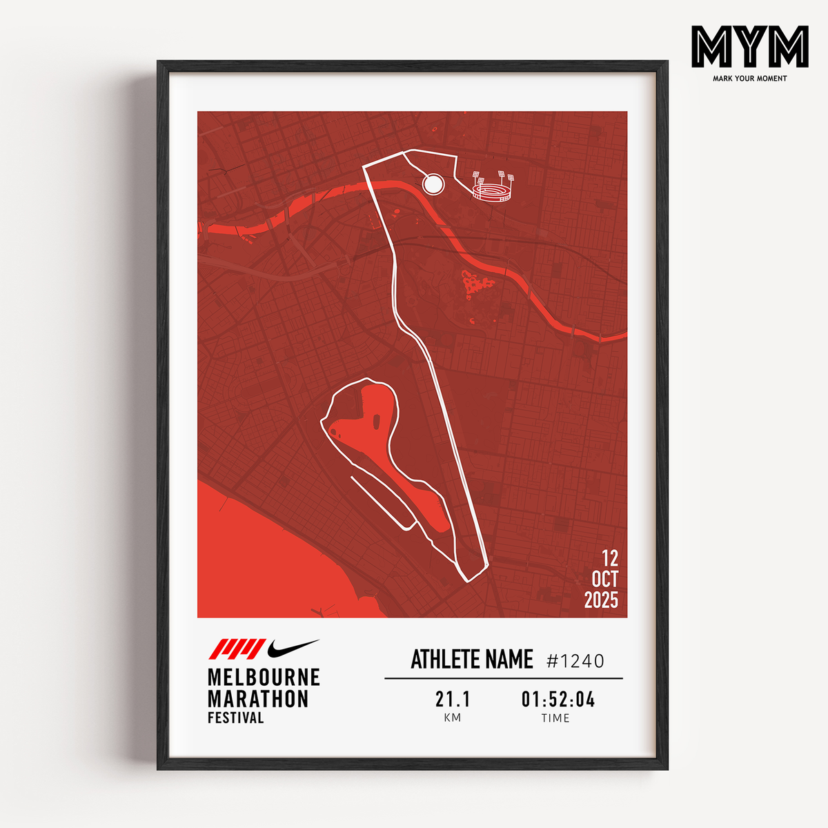 Framed map poster of the Melbourne Half Marathon with red background and black frame. Official Print in Partnership with the Melbourne Marathon, custom with runners statistics 