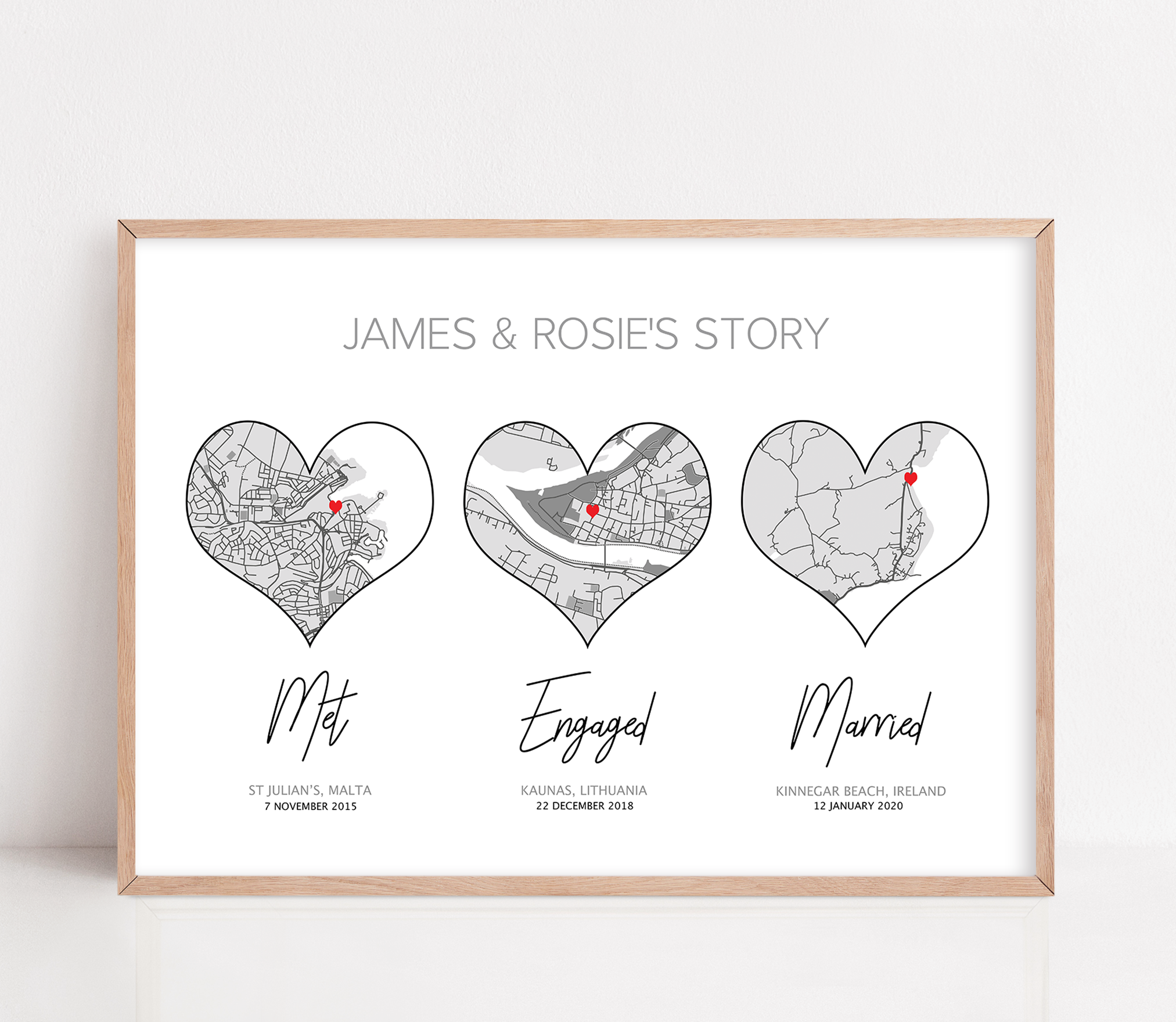 our story 3 hearts print framed custome hello will you i do framed location print