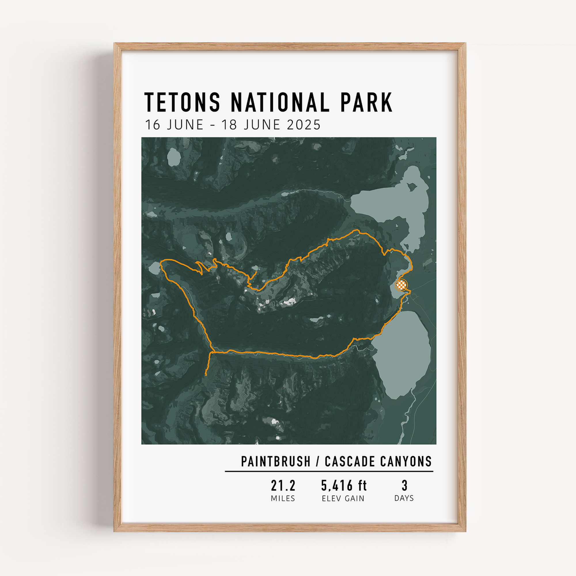 Personalized hiking map print showing a tracked trail route, elevation gain, and location name – custom wall art for hikers.