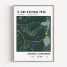 Personalized hiking map print showing a tracked trail route, elevation gain, and location name – custom wall art for hikers.