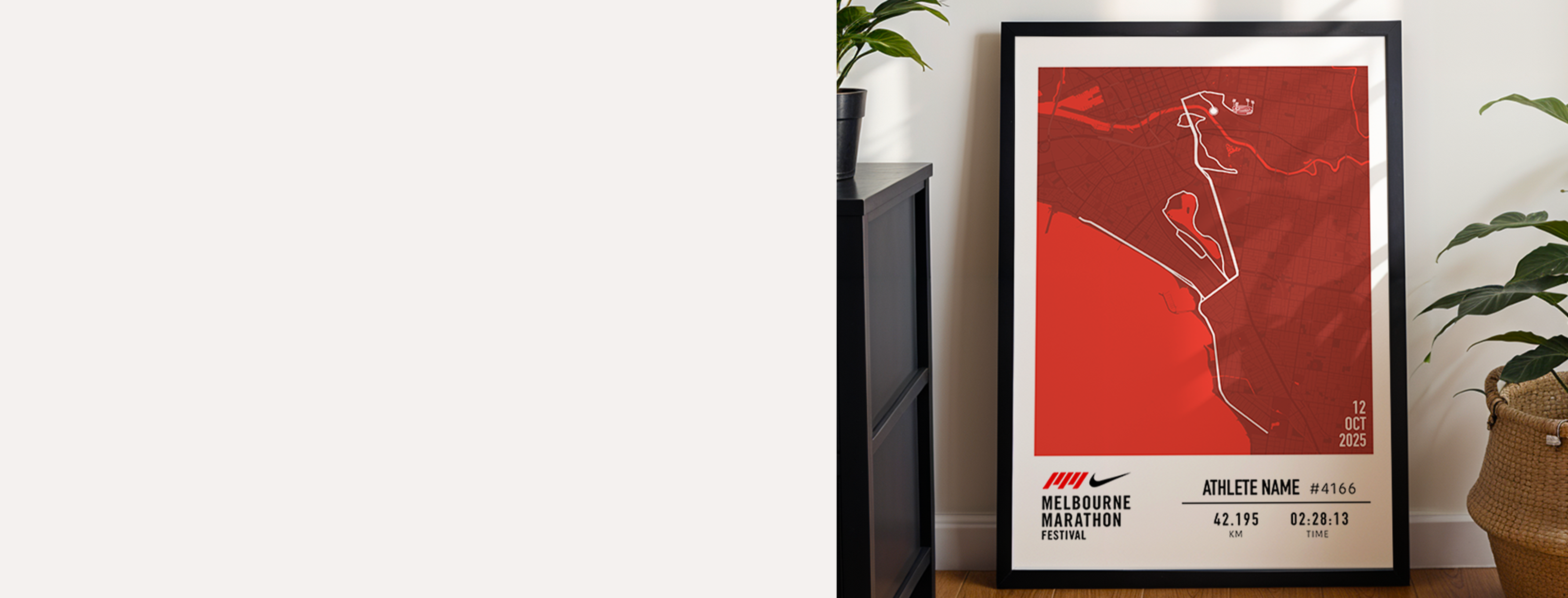 Celebrate your run with the Official 2025 Melbourne Marathon personalised print, featuring the full race course to the MCG alongside your name, bib number, and finish time—beautifully displayed next to your finisher’s medal in a modern commemorative frame.