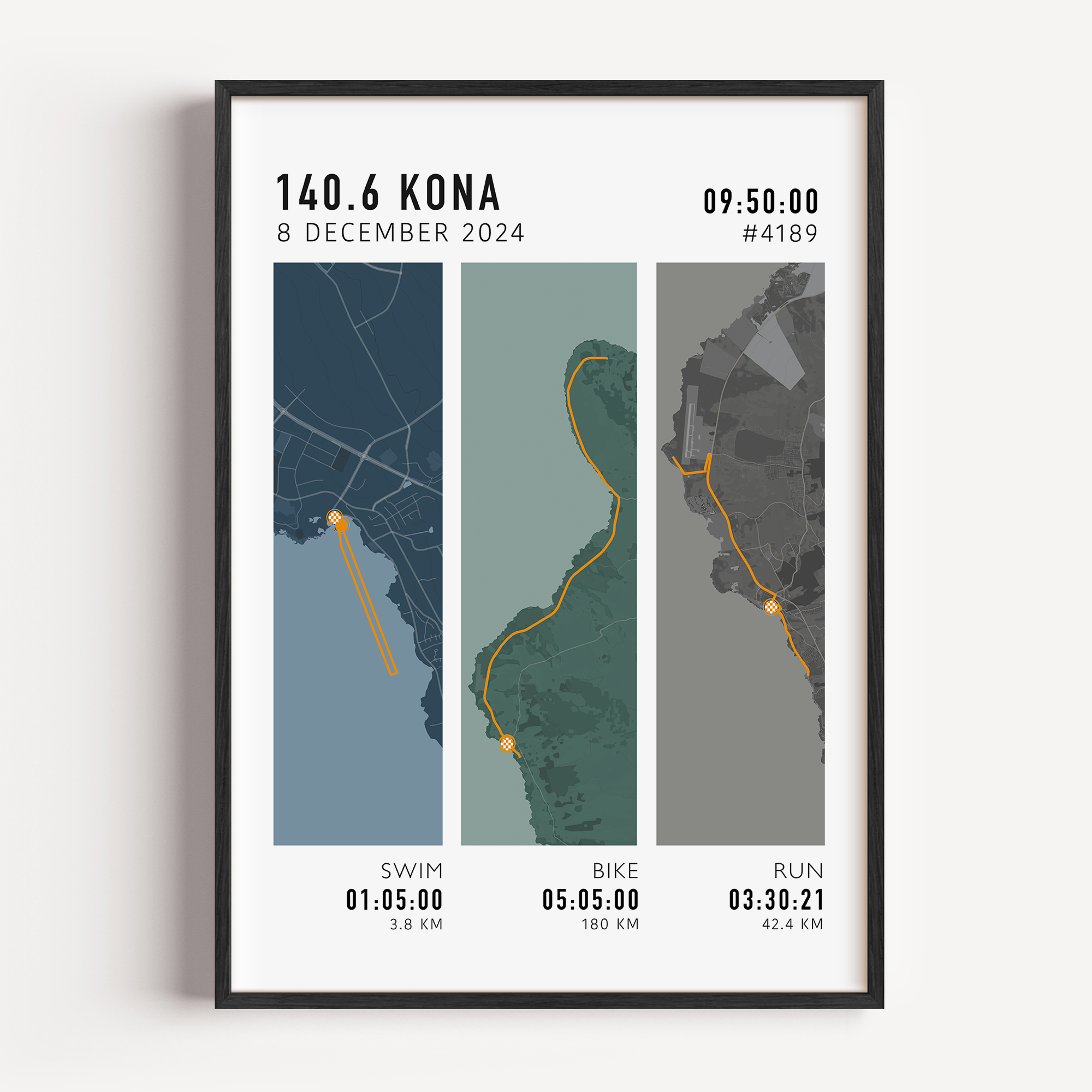 Personalised triathlon route print showing custom Ironman 140.6 race map with swim, bike and run segments