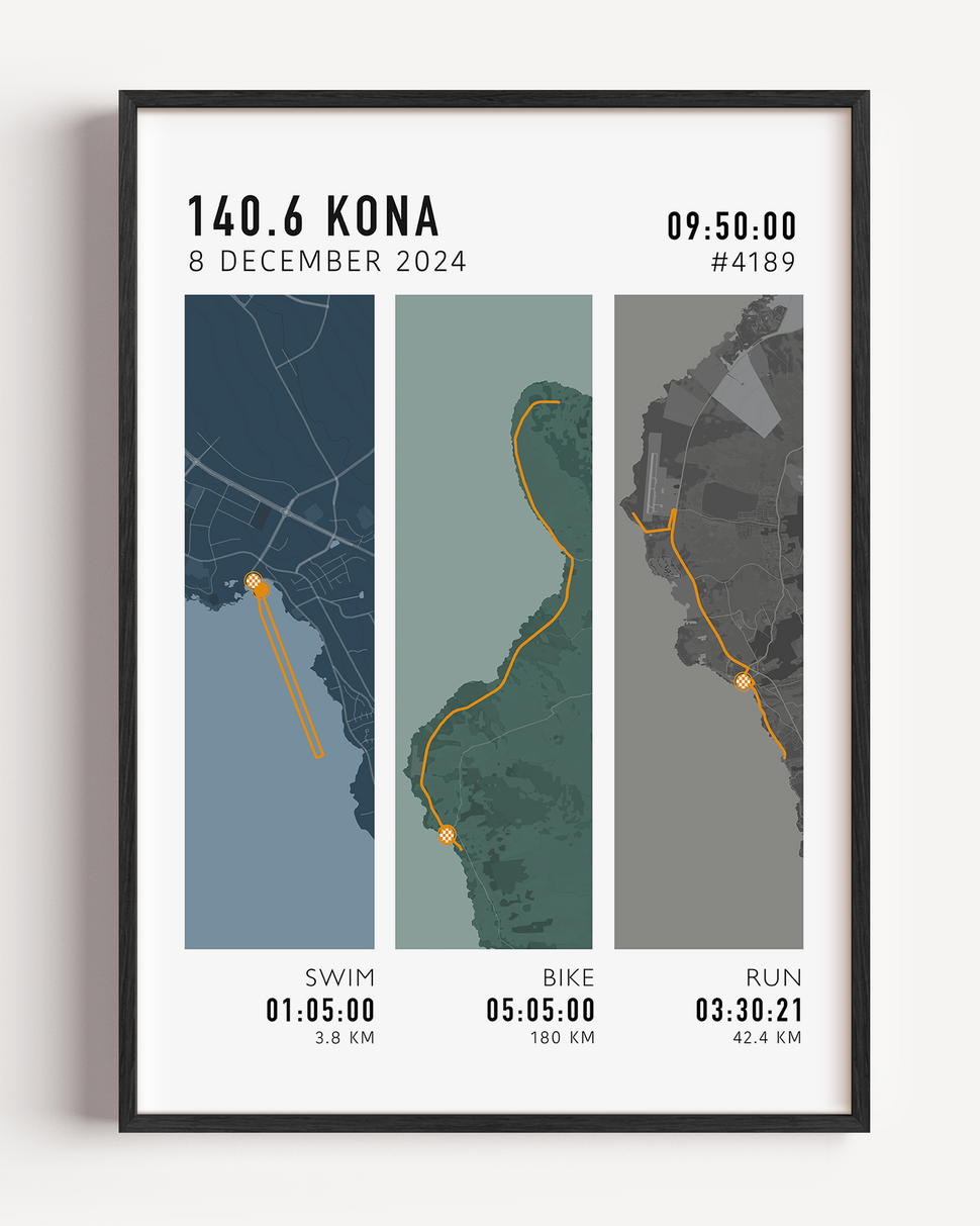 Personalised triathlon route print showing custom Ironman 140.6 race map with swim, bike and run segments