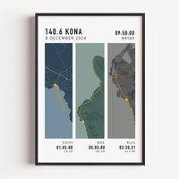 Personalised triathlon route print showing custom Ironman 140.6 race map with swim, bike and run segments
