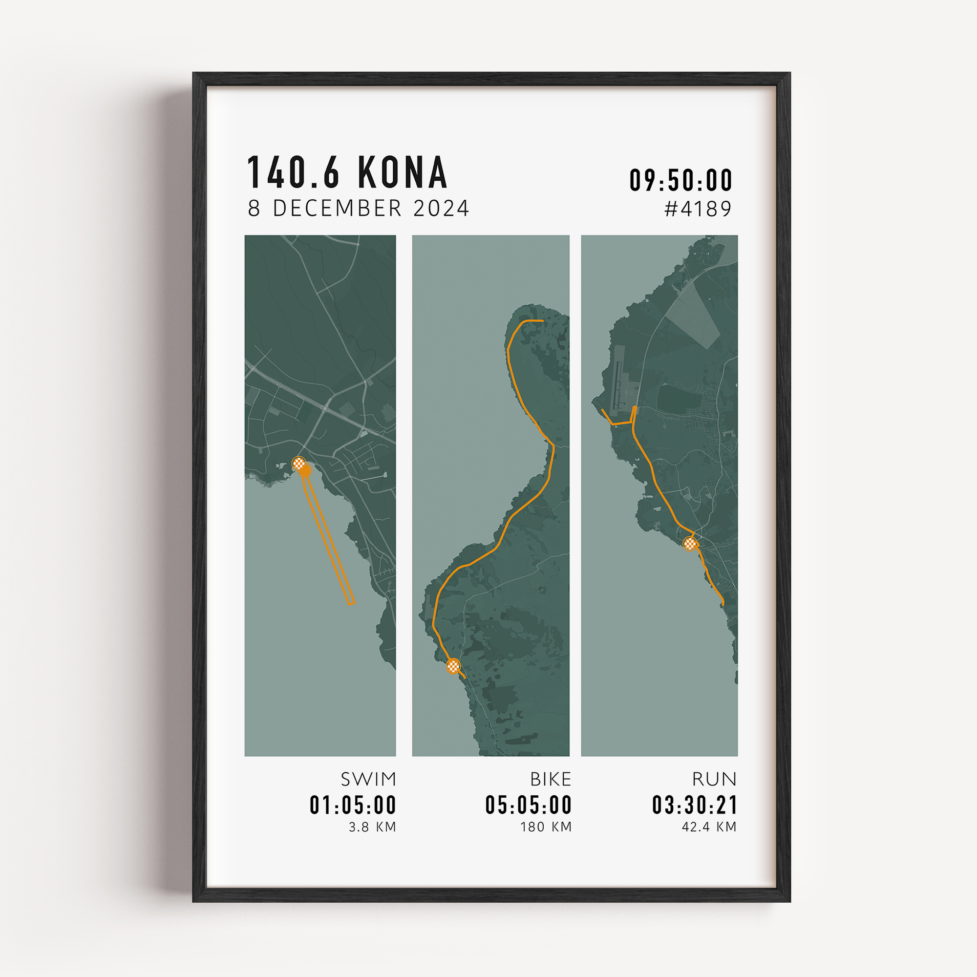 Custom Ironman 70.3 course artwork with athlete name, finish time and triathlon map design