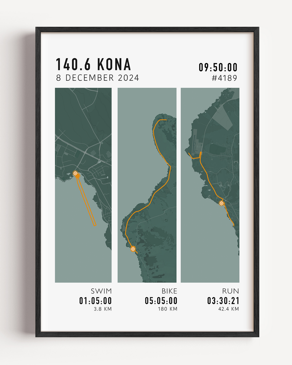 Custom Ironman 70.3 course artwork with athlete name, finish time and triathlon map design