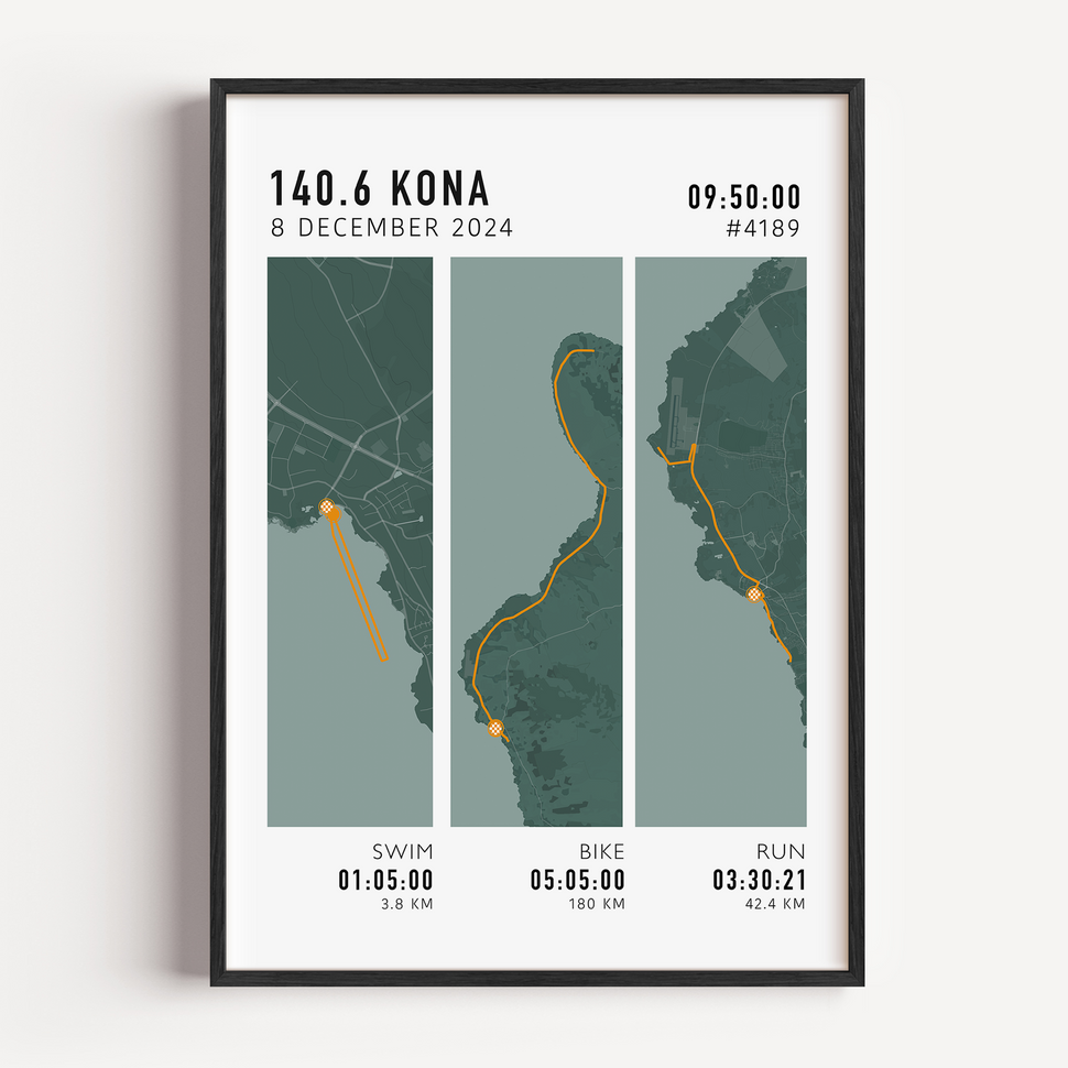 Custom Ironman 70.3 course artwork with athlete name, finish time and triathlon map design