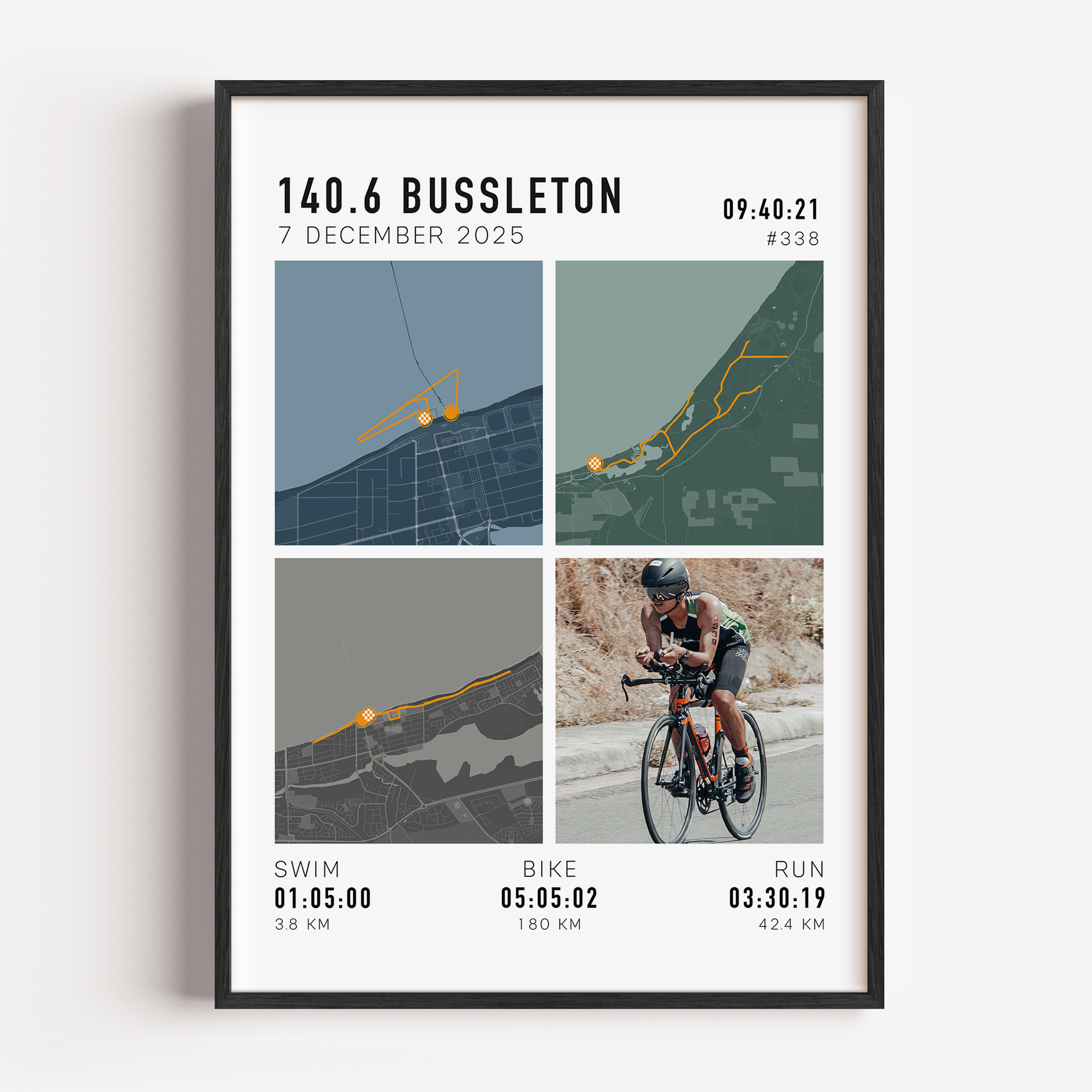ironman custom route gift with photo and course maps, custom stats unique to the athlete with a range of colours and frames to choose from