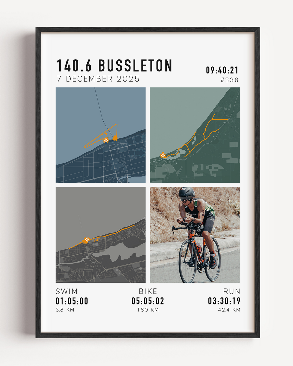 ironman custom route gift with photo and course maps, custom stats unique to the athlete with a range of colours and frames to choose from
