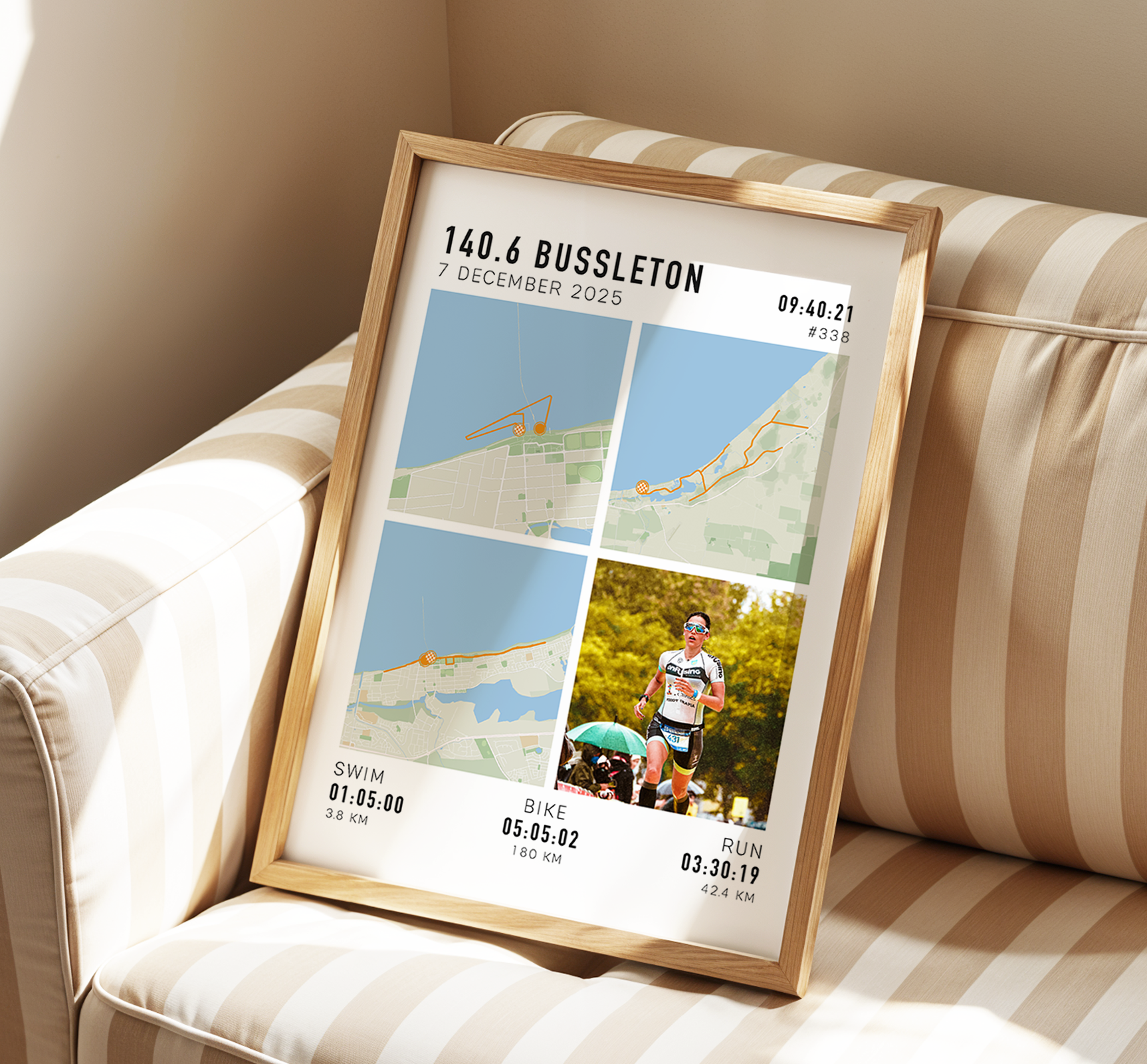 ironman or triathlon framed print with custom stats, custom routes and athlete image for a gift
