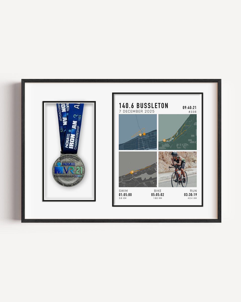 Custom Ironman triathlon route print with medal display and photo upload, personalised race map wall art for Ironman finishers