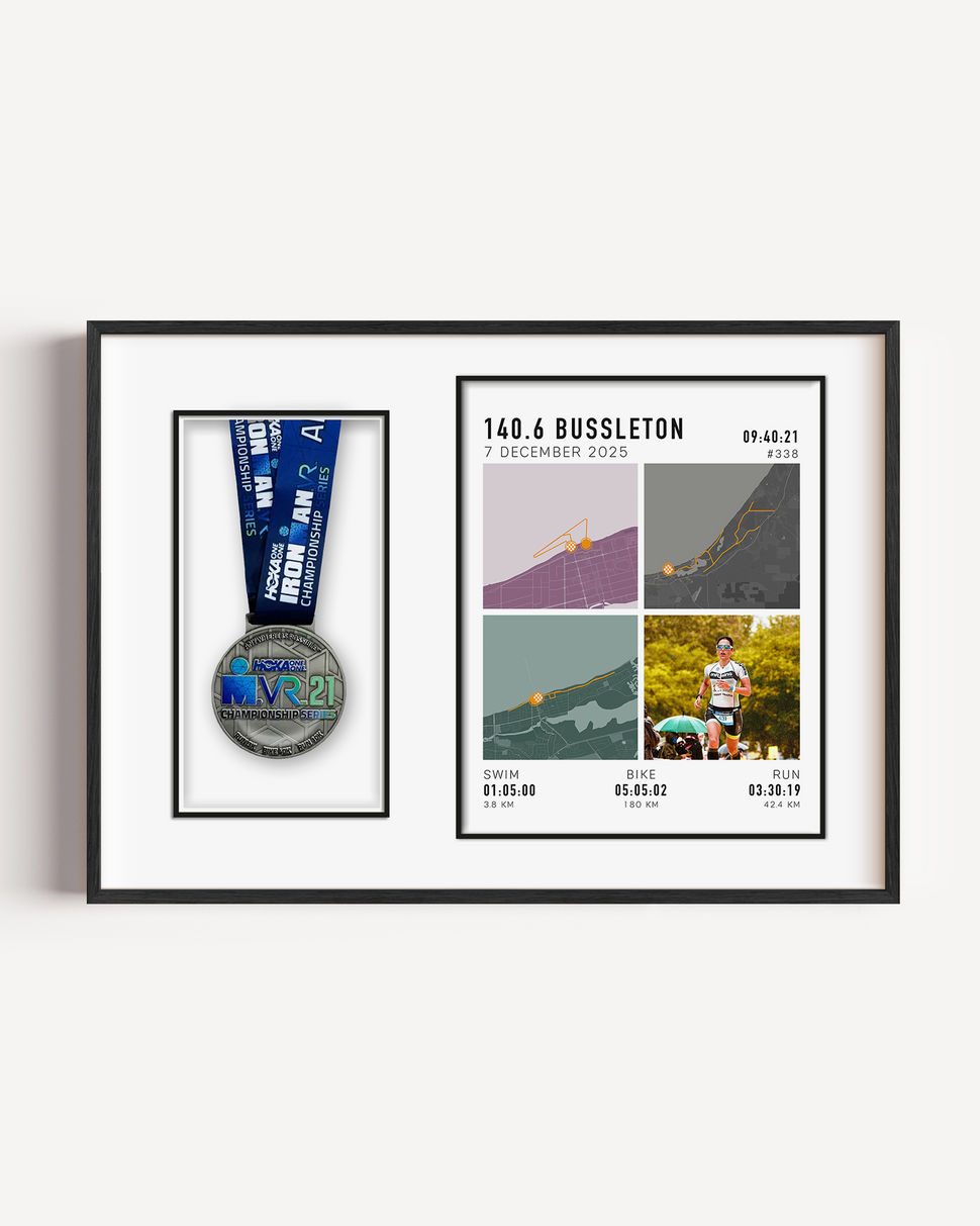 Custom Ironman triathlon course map print with medal display and uploaded race photo, personalised wall art for triathlon finishers