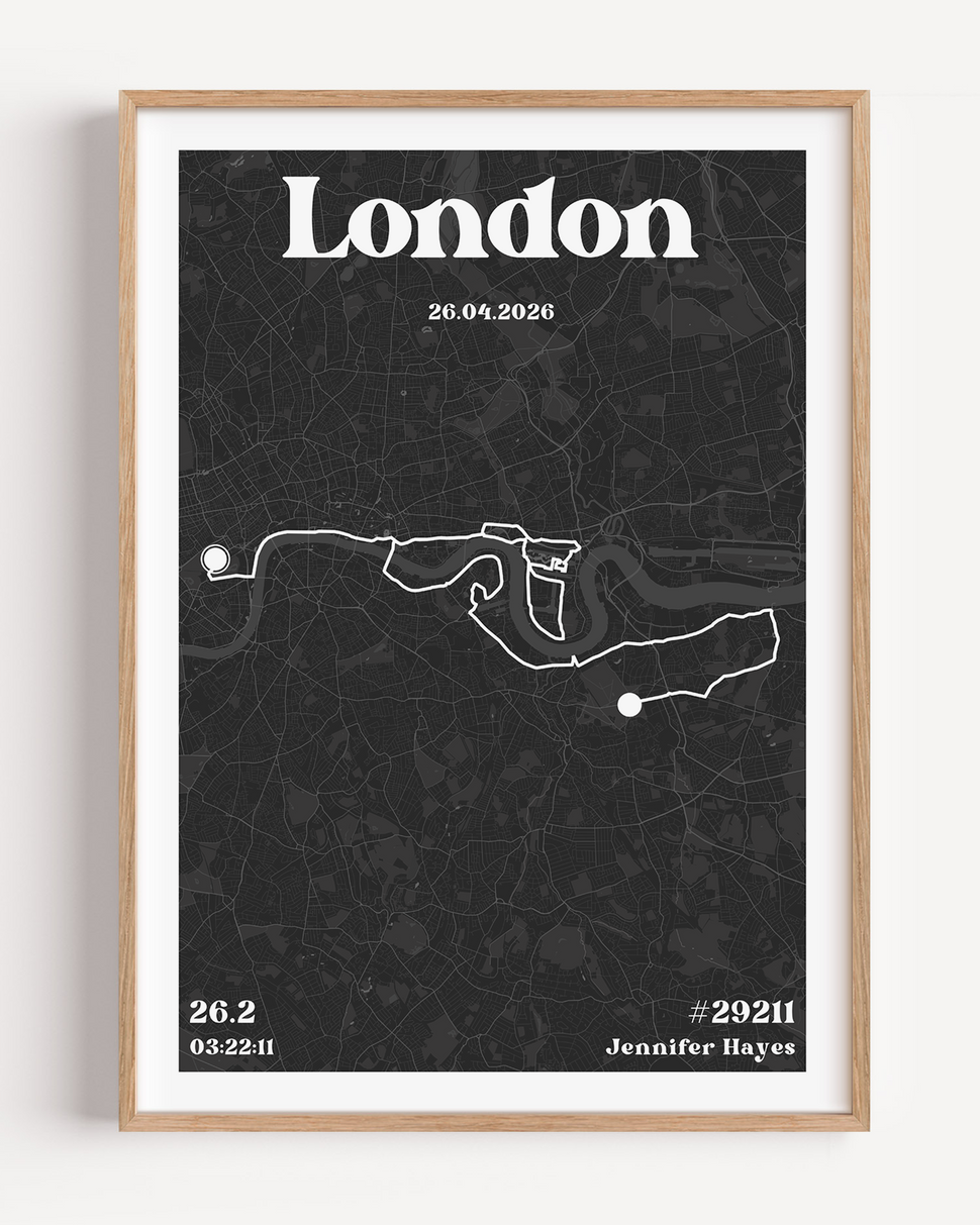 A personalised London Marathon map print showcasing the iconic race route through the city streets. The artwork features 