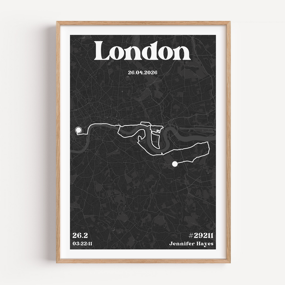 A personalised London Marathon map print showcasing the iconic race route through the city streets. The artwork features 