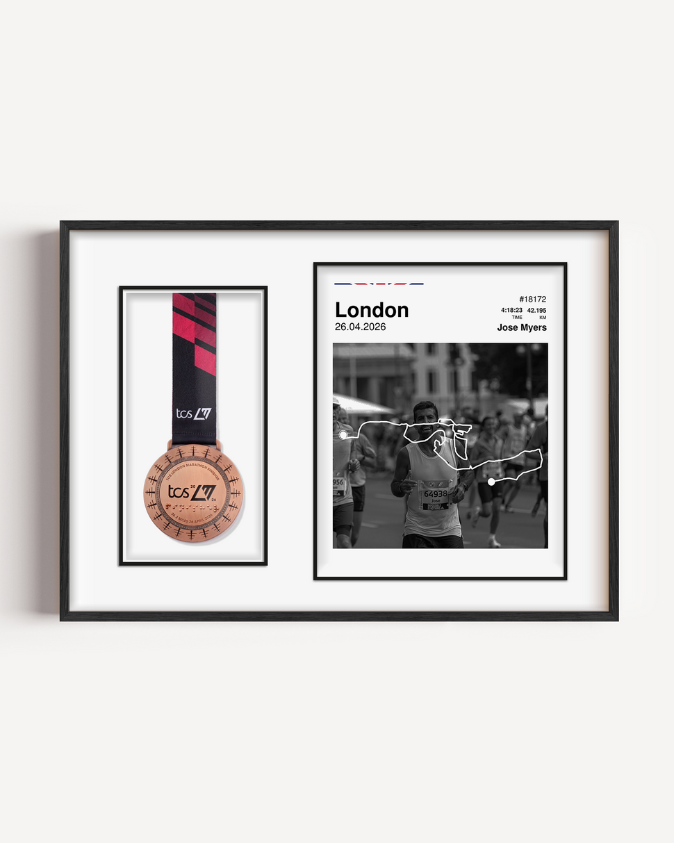 Custom London Marathon medal display frame featuring a personalized runner photo, white route map, race stats, UK flag colors, and a dedicated mount to hang the finisher medal.