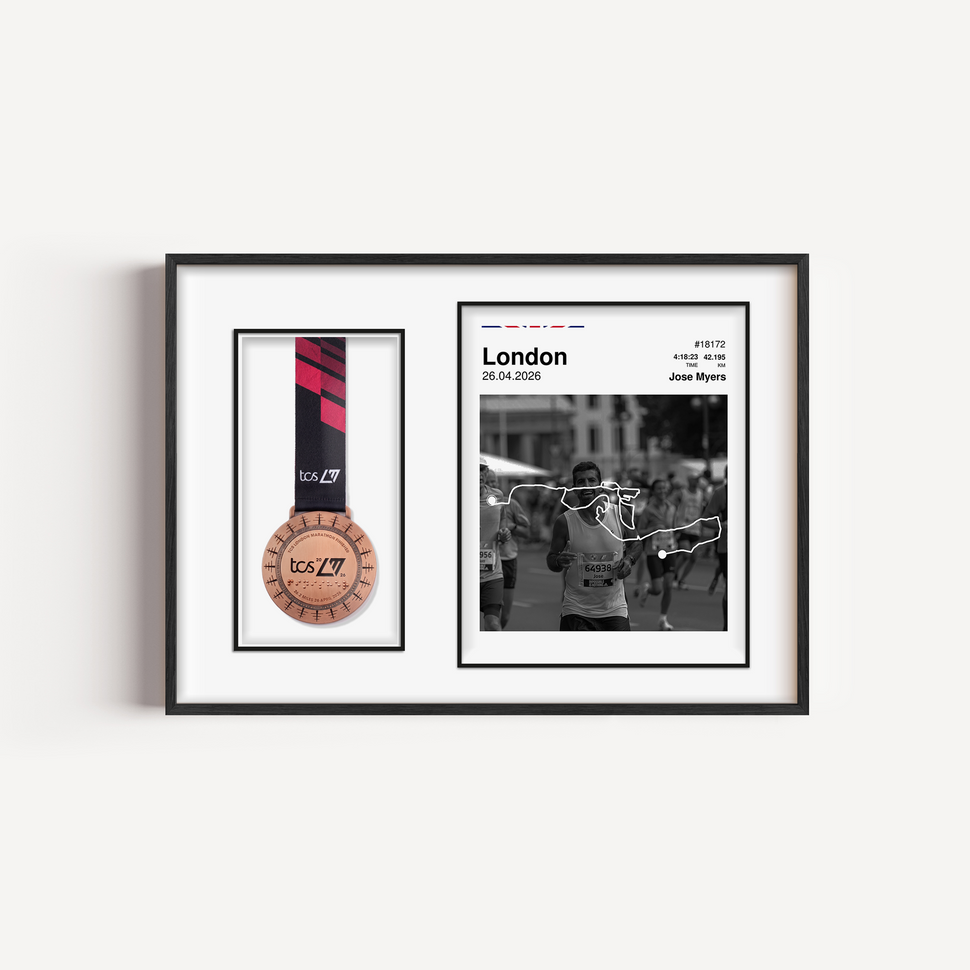 Custom London Marathon medal display frame featuring a personalized runner photo, white route map, race stats, UK flag colors, and a dedicated mount to hang the finisher medal.