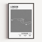 Framed custom art print of london marathon route, showing a minimalist line map of the running course with labeled start and finish points, event name, date, and distance.