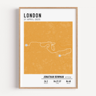 Framed custom art print of london marathon route, showing a minimalist line map of the running course with labeled start and finish points, event name, date, and distance.